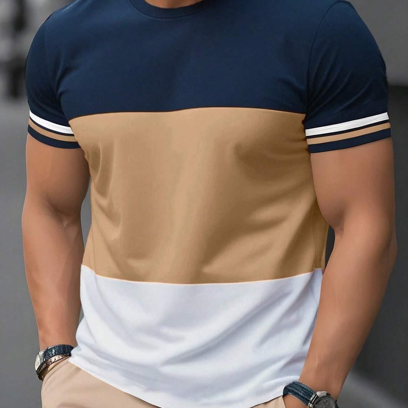 TEMU Three-color Men's Short-sleeved T-shirt - Casual And , With Striped Cuffs, Comfortable, Breathable, And Versatile Men's Short-sleeved T-shirt, Suitable For Summer Wear