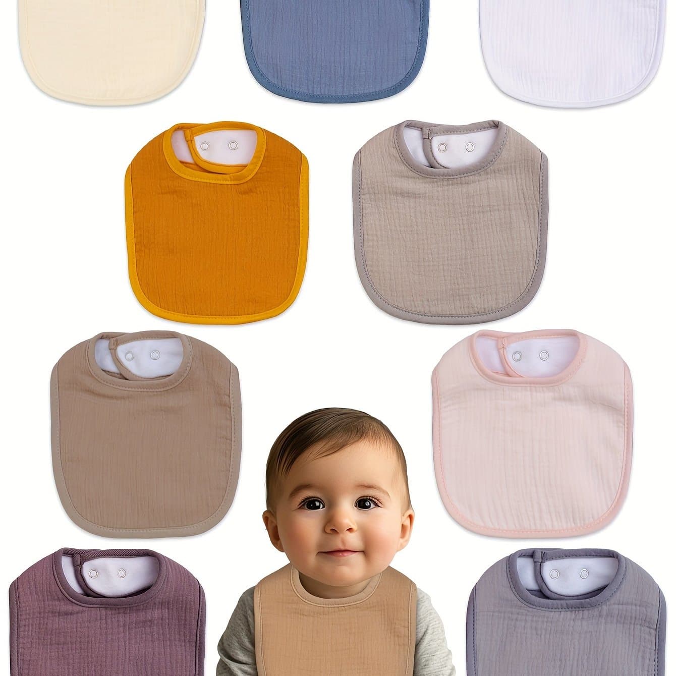 TEMU 10pcs Four-layer Absorbent Muslin Baby Bibs With Adjustable Snap Buttons For Boys And Girls For Feeding Drool And Eating Bibs, Perfect For Outdoor