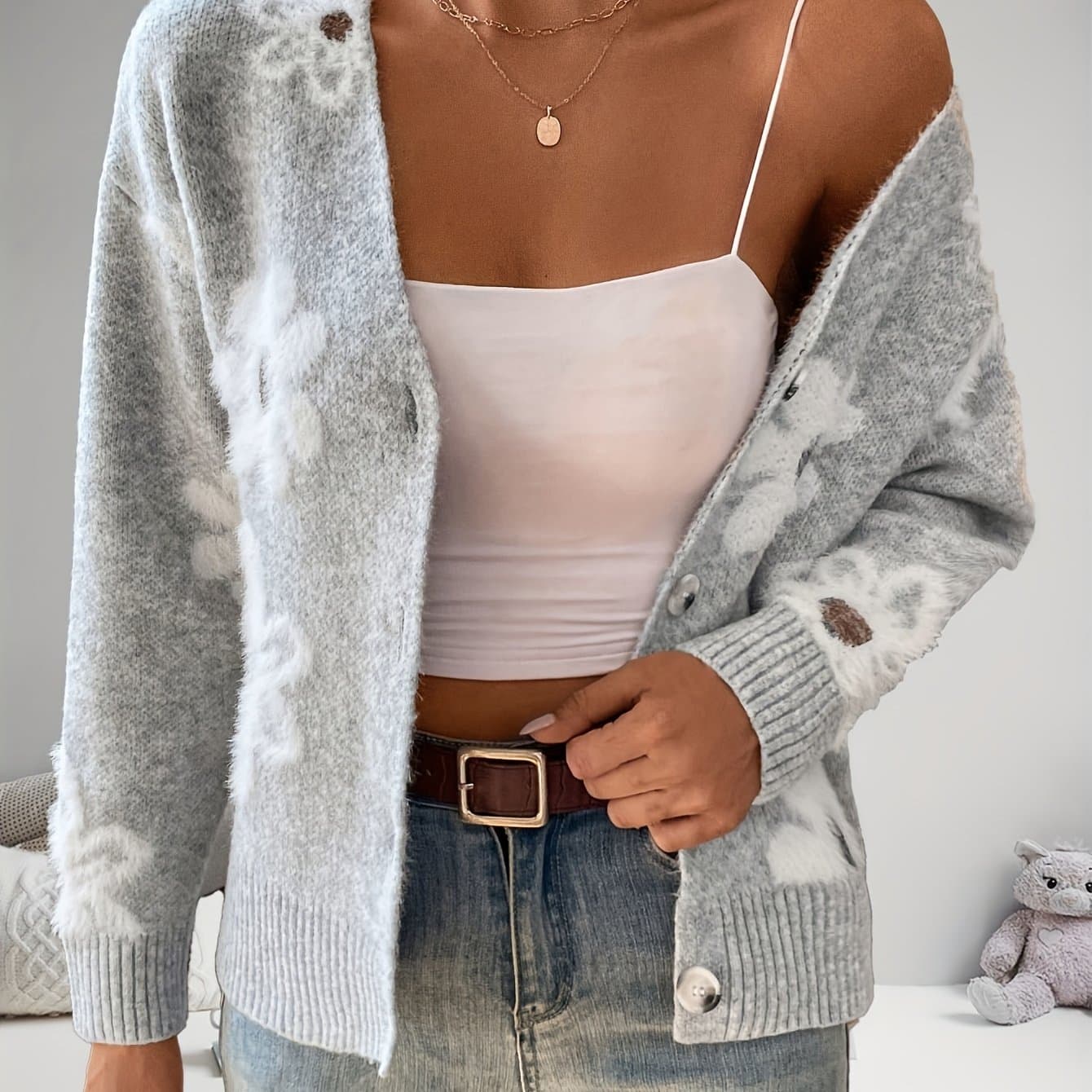TEMU Women's Printed Button Cardigan V-neck Drooping Shoulder Coat