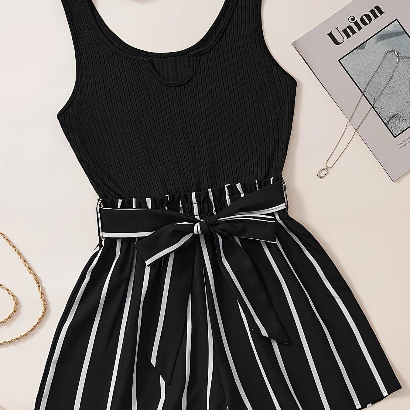 TEMU Striped Notch Neck Tie-back Vest Jumpsuit