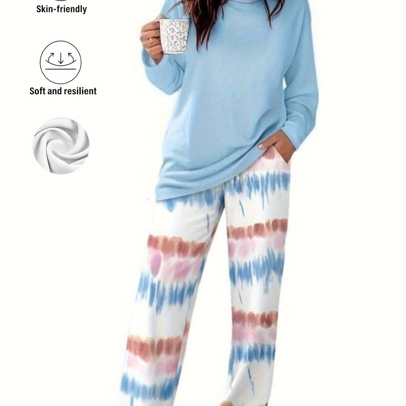 TEMU Two-piece Pajama Set For Women Featuring A Round Neck Long-sleeve Top And Tie-dye Printed Pants. The Fabric Is Soft, Machine Washable, And Perfect For Lounging At Home, In Sizes S To Xxl
