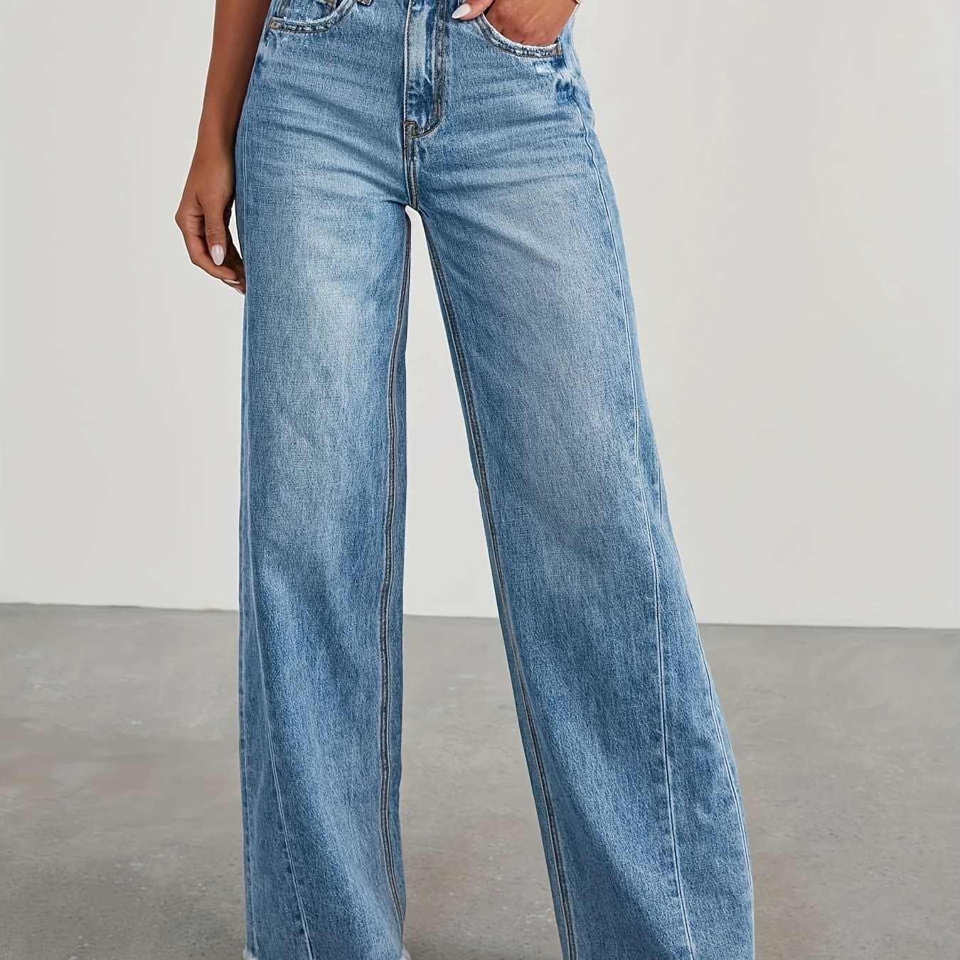 TEMU Women's High-waisted Wide Leg Jeans, Casual Baggy Stretch Denim Pants With Pockets, Jeans