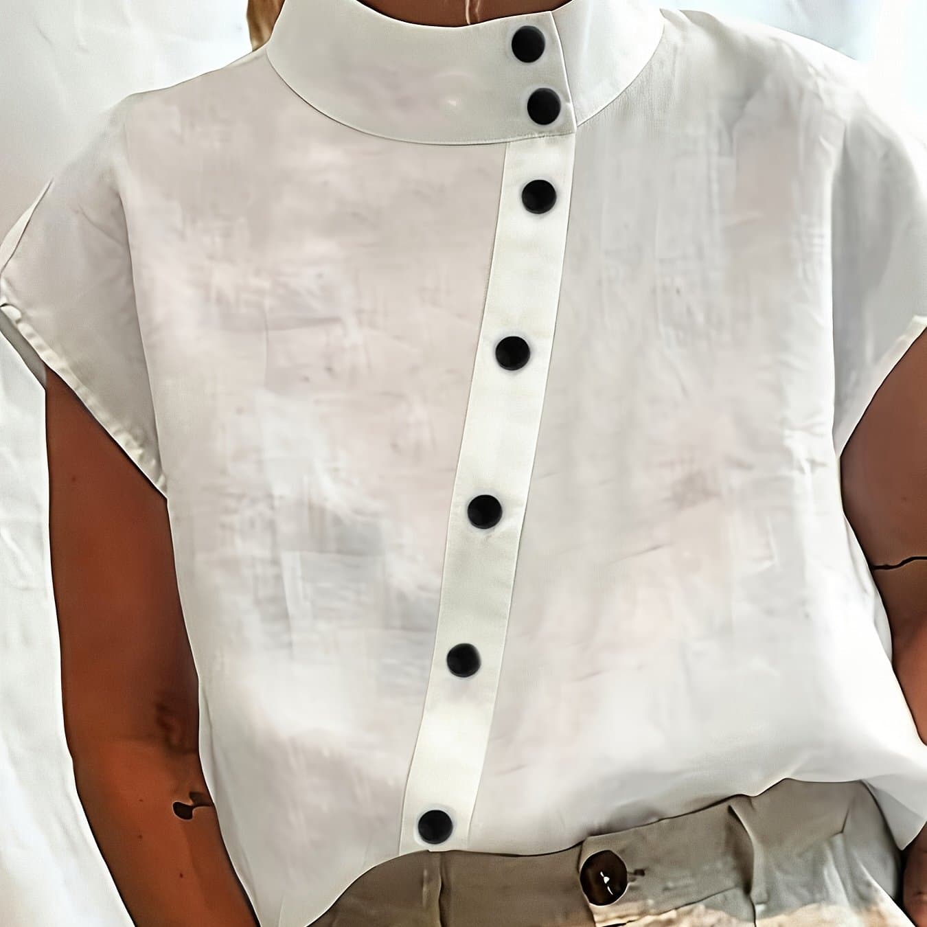 TEMU Summer Fashion New Solid Color Single-button Short Sleeve Stand Collar Shirt Women's