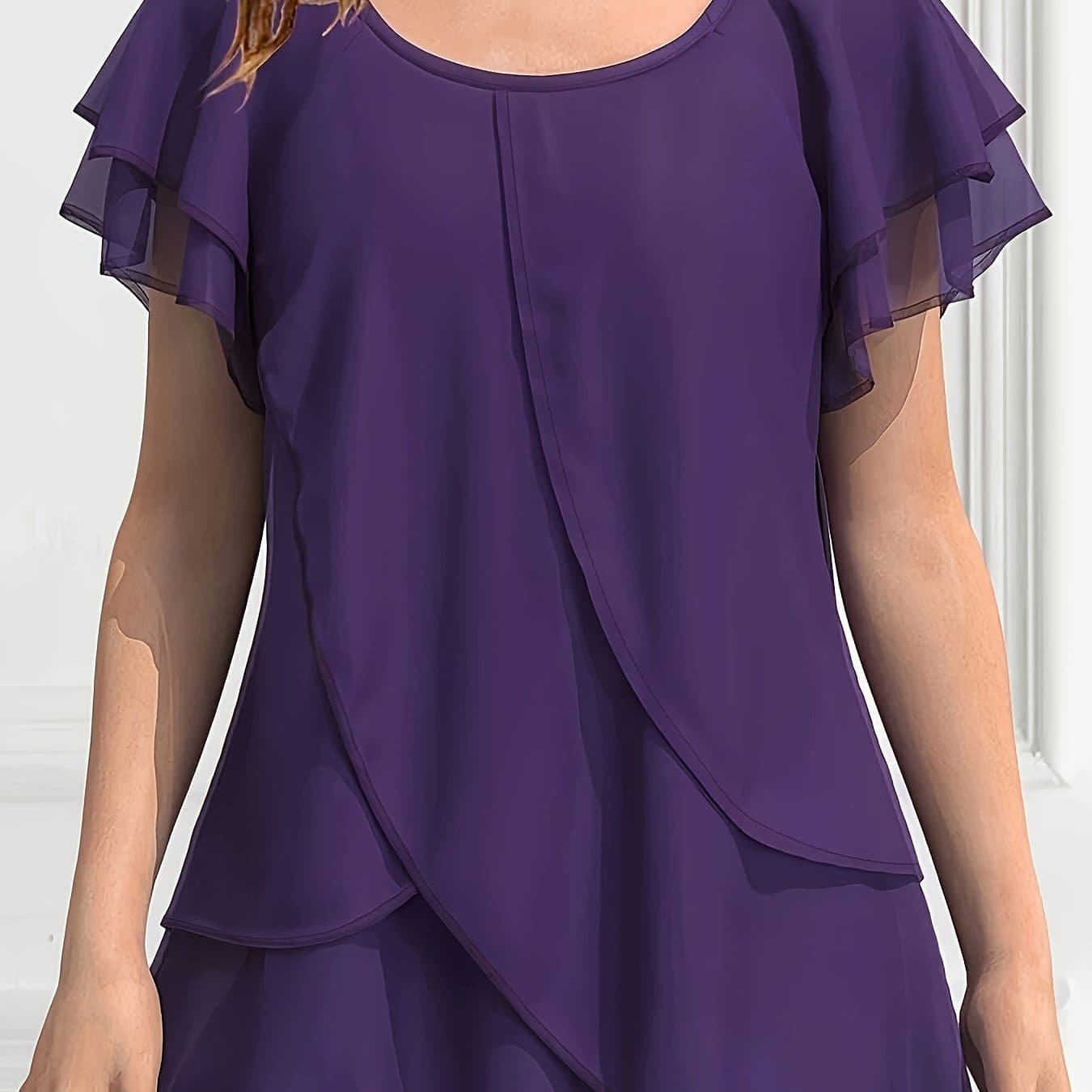 TEMU Spu: 978316212 Women' Color Chiffon Ruffle Sleeve Layered Asymmetrical Hem Blouse