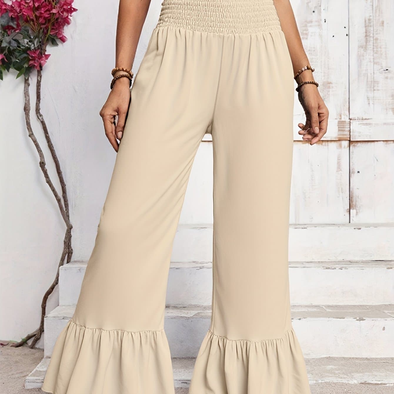 TEMU Summer Women's Pants Soft Stretchy Wide-leg Pants With Ruffle Hem For Daily Commuting - Beige Casual Straight-leg Trousers For Spring&summer