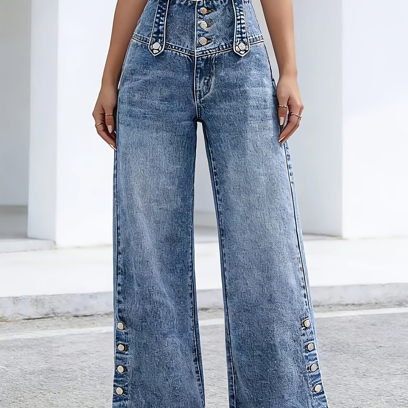 TEMU Women's Casual Fashion Button-waist Relaxed Fit Jeans Featuring An Open-, Versatile For Multiple Occasions A , Staple That Pairs Effortlessly With Any Outfit