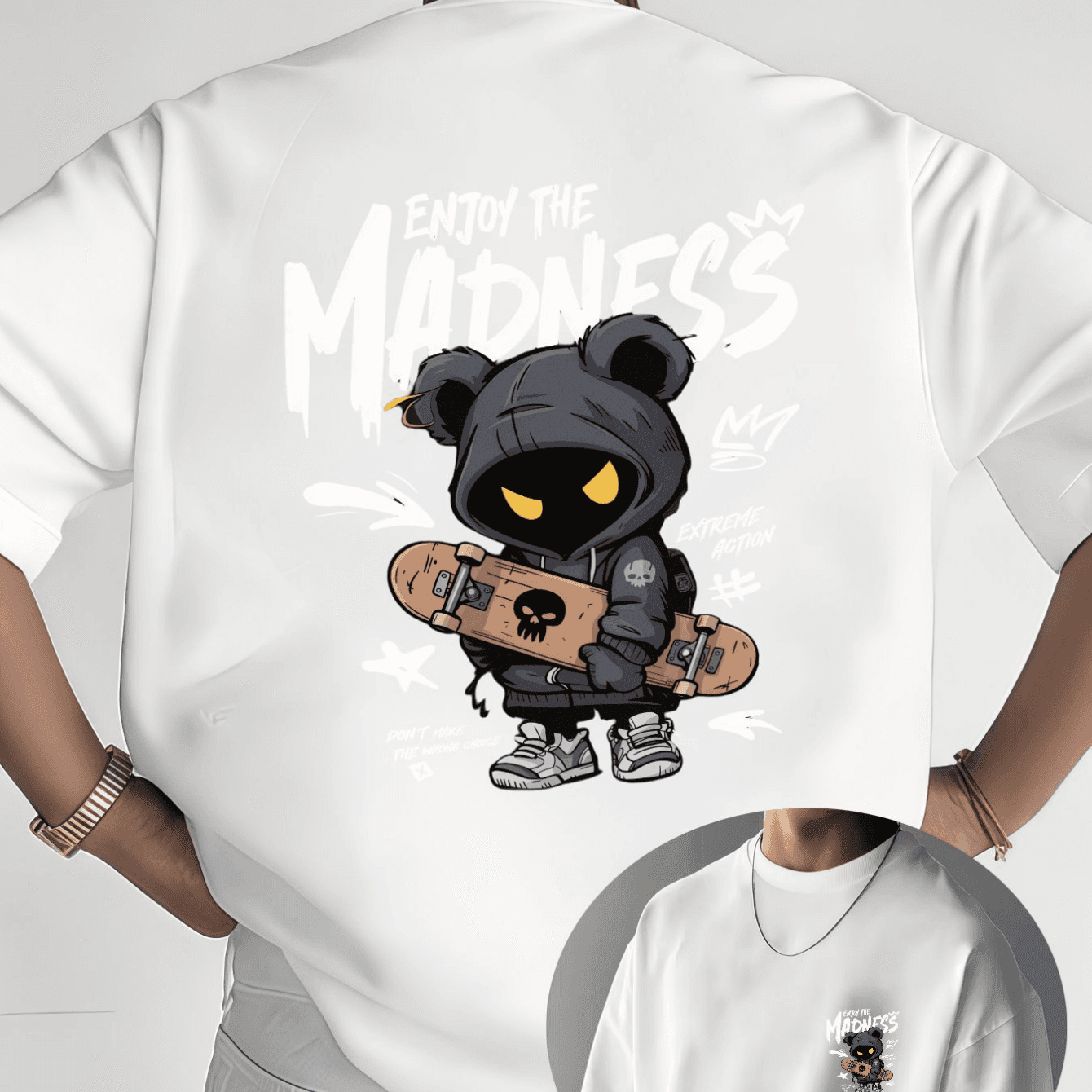 TEMU Suitable For Streetwear T-shirt With Translucent & Skull Pattern - Rebellious Urban Style Round Neck Casual Summer Skateboarding Outfits, Machine Washable Youth Fashion Top