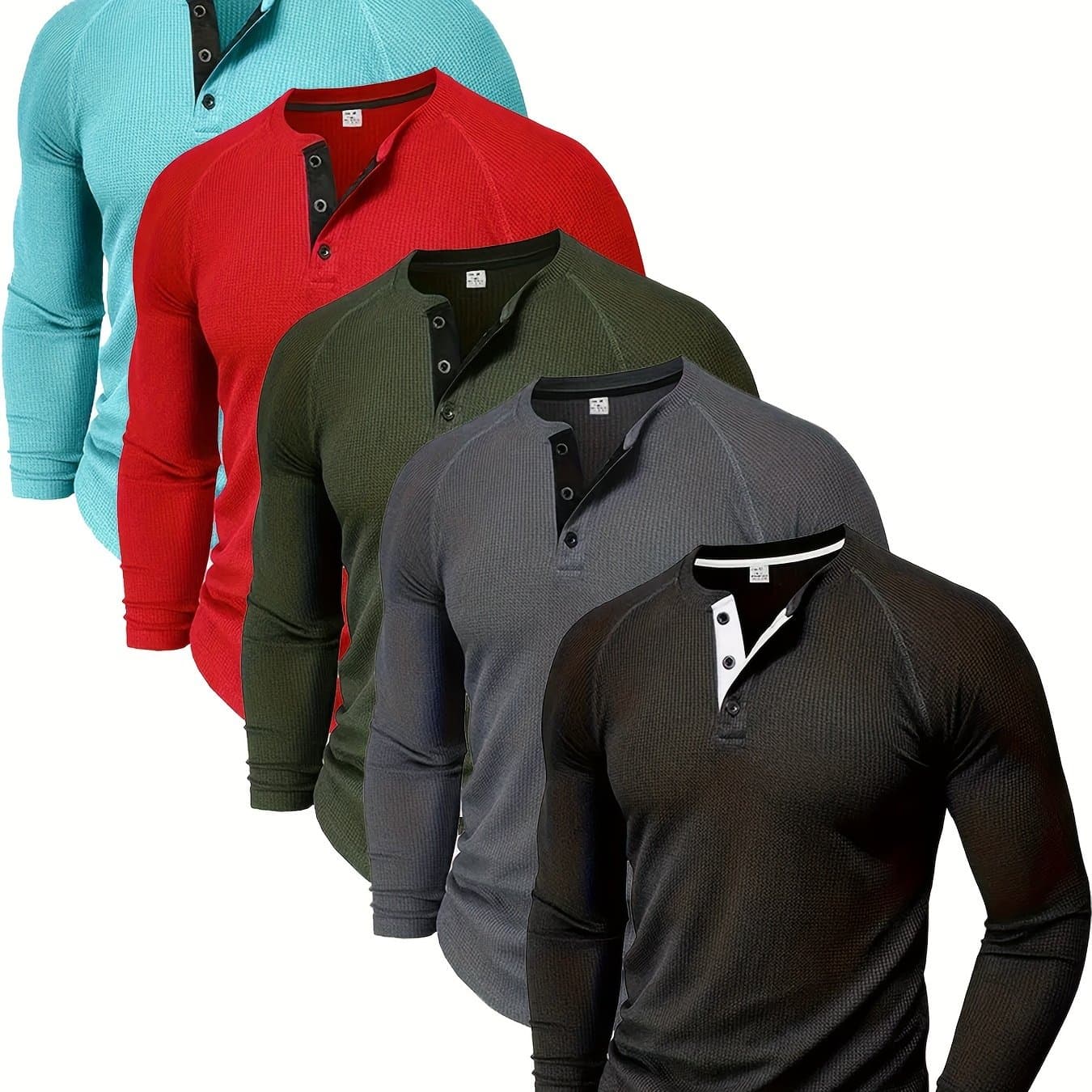 TEMU 5pcs Men's Loose Solid Color Henry Shirt, Round Neck Half Button Long Sleeve Shirt, Suitable For Spring And Autumn Outdoor Activities Zlt8051