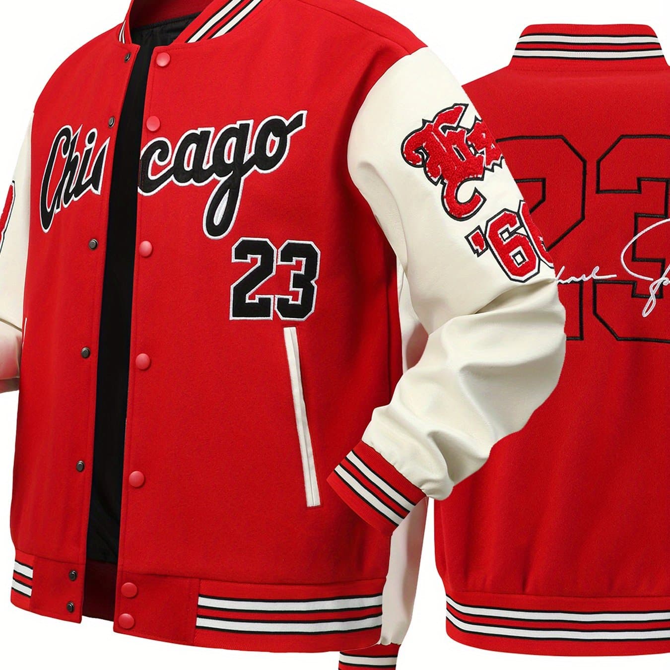 TEMU Men's And Women's Classic Varsity Jacket In Red With #23, Featuring Long Sleeves, Pu , And Embroidered Leather Sleeves. A Stylish Streetwear Coat Retro Sports Fashion