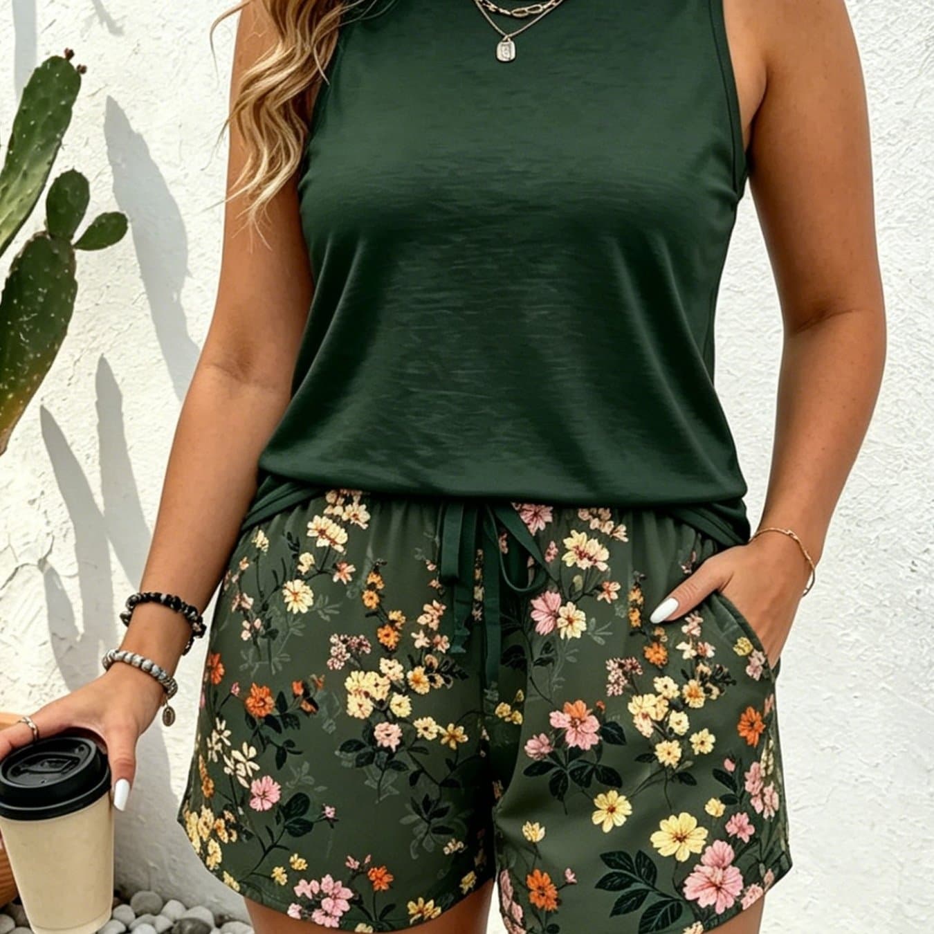 TEMU Plus Size, Vintage Dark Green Solid Sleeveless Top + Floral Shorts Set For Women, Summer Plus Size Outfit