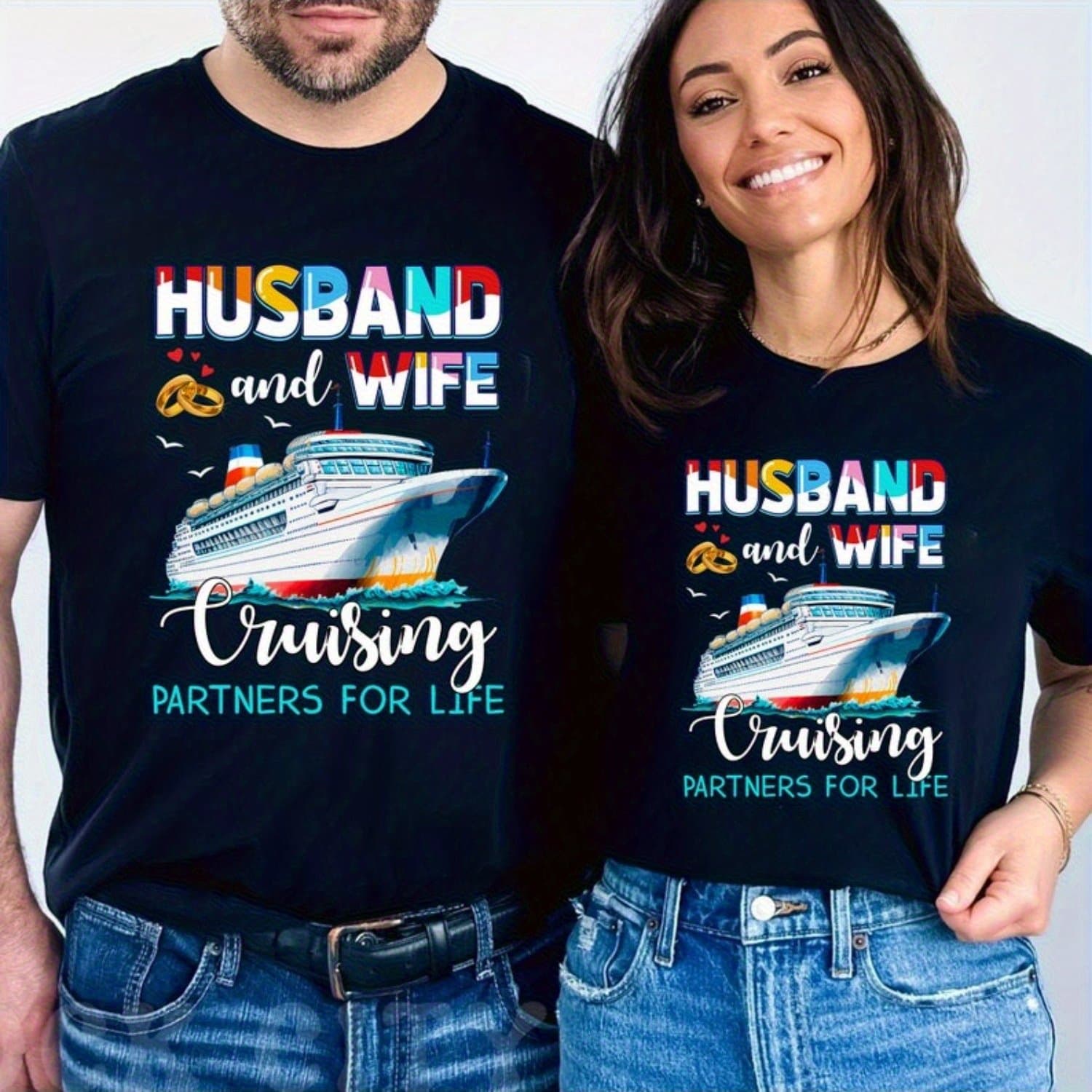 TEMU Matching Couple Shirts For - Cruise Theme Colorful Nautical Shirts With Ship & , Loose Neck Short Sleeve T-shirts - Valentine's Day Birthday Gift For Couples & Family ()