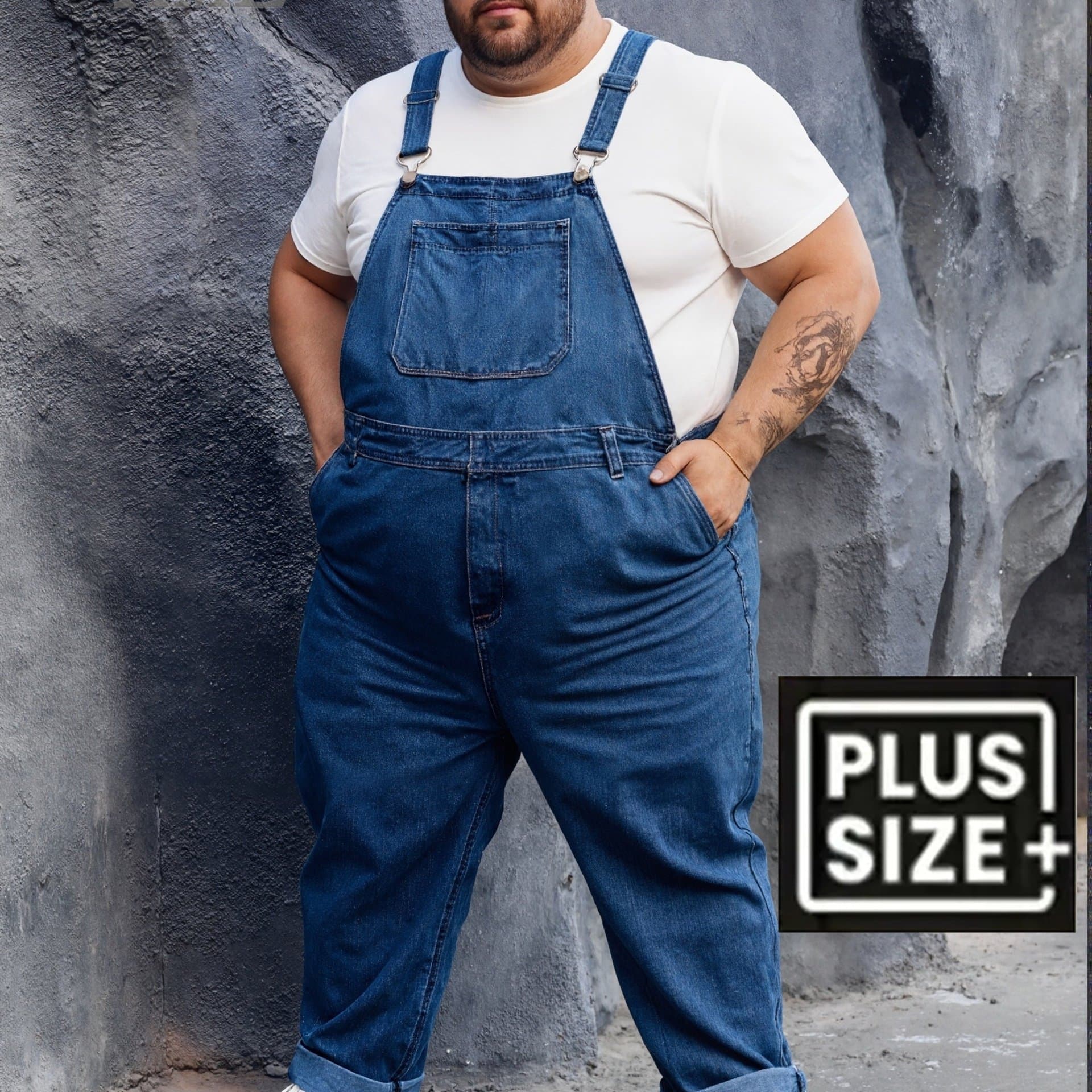 TEMU Hme - Plus-size Men's Casual Overalls, Multi- Pants, Trousers, Trendy Streetwear, Work Pants, Everyday Outing, Men's Denim Jumpsuit, Plus Size
