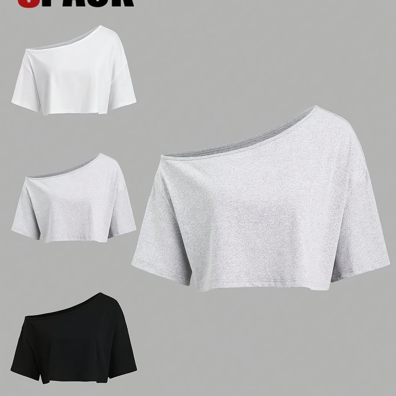 TEMU Off-the-shoulder Short Sleeve T-shirt 3pcs Set, Loose Casual Fit