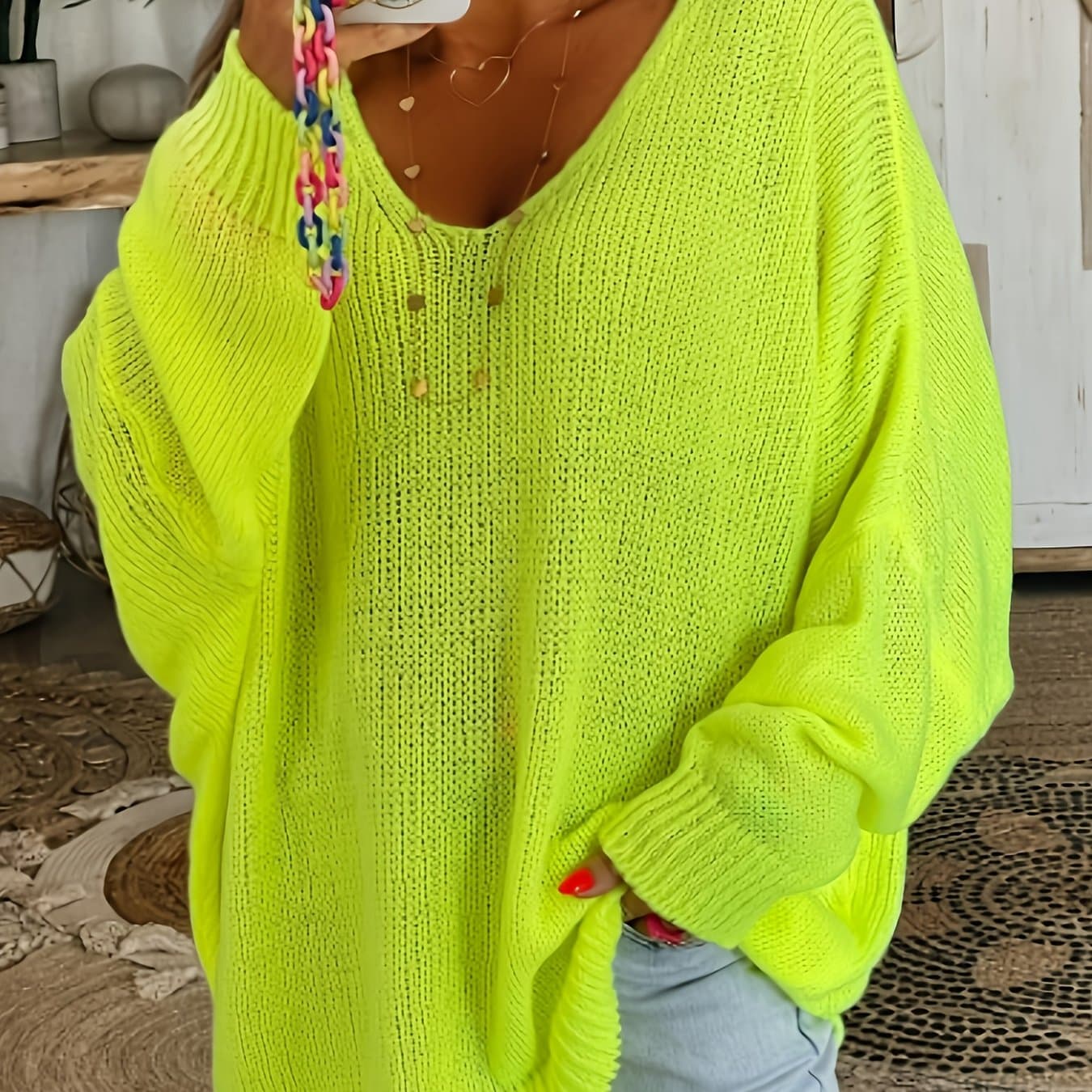 TEMU Plus Size, Plus-size Women' Color V-neck Pullover Long-sleeve Sweater