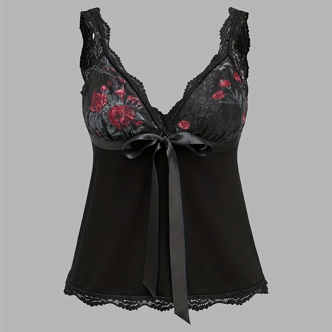 TEMU Women's Fashion Summer Contrast Lace Floral Print Bow-decorated Top