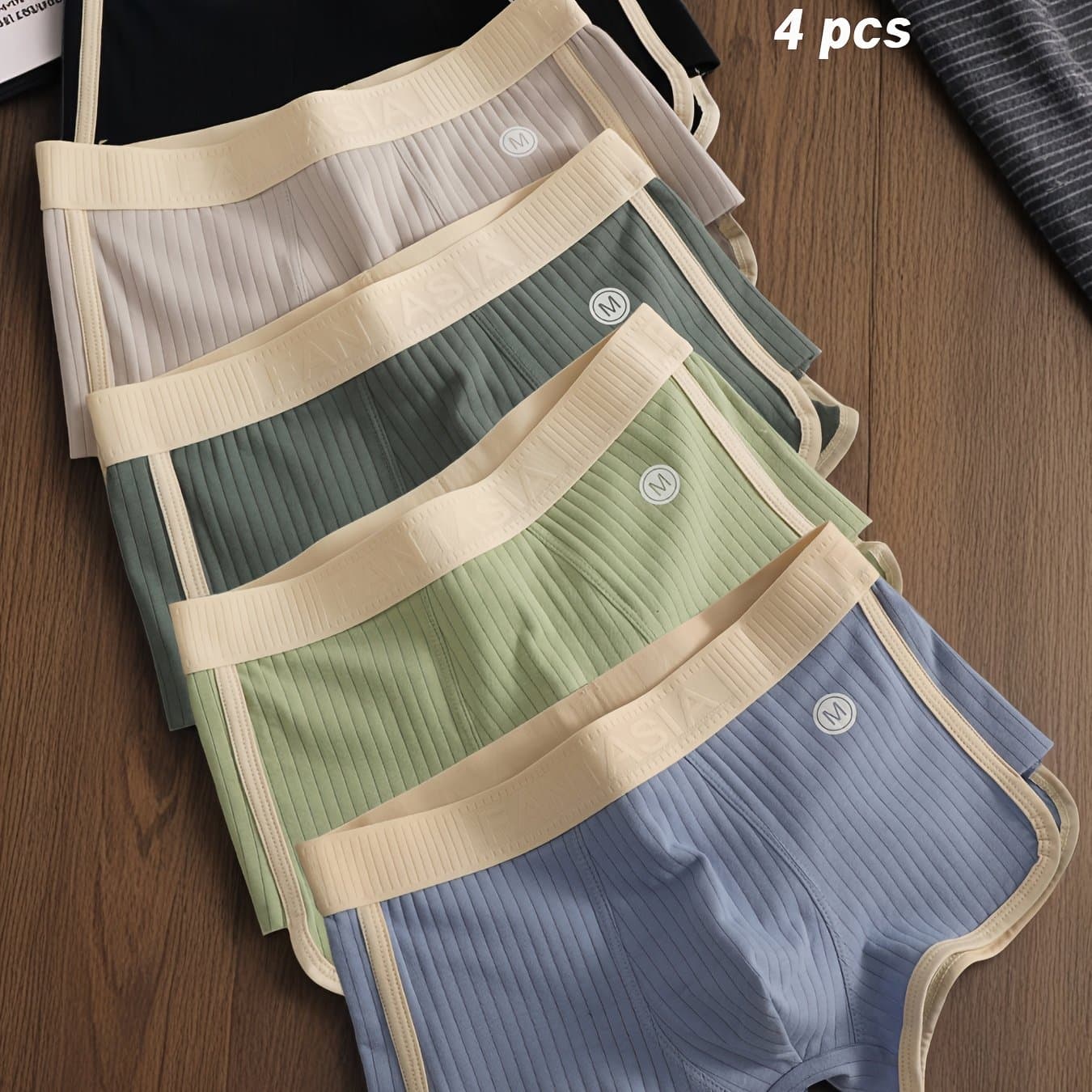 TEMU 4 Pc Random Color Mens Underwear Stretch Boxer Shorts Casual Ribbed Trunks For Spring Summer Sports