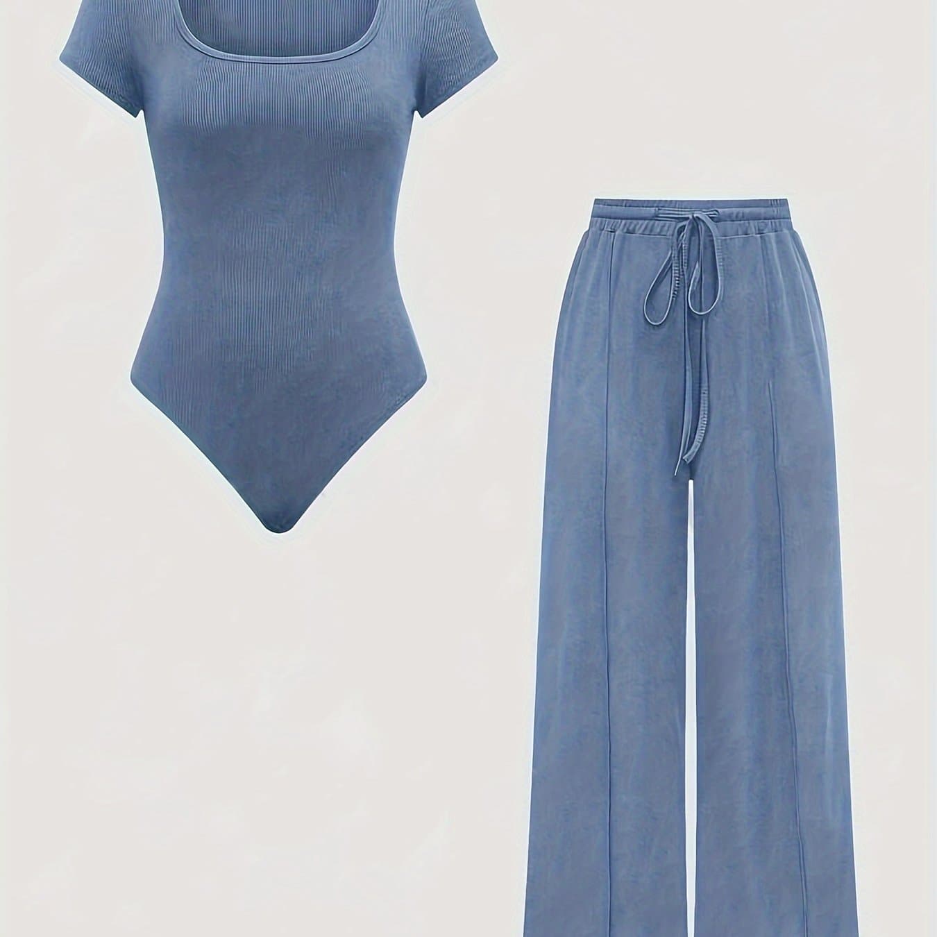 TEMU Solid-color Bodysuit And Wide-leg Pants 2pcs Set Y2k