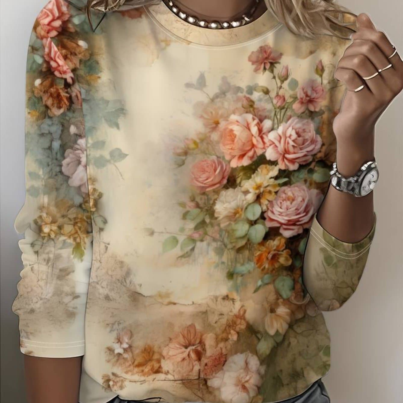 TEMU Women's 3d Vibrant Floral Print T-shirt - Soft Long Sleeve Crew Neck Blouse With 3d , Machine Washable Casual & Party Top For Spring/fall Outfits, Floral Pattern, Versatile Casual Attire