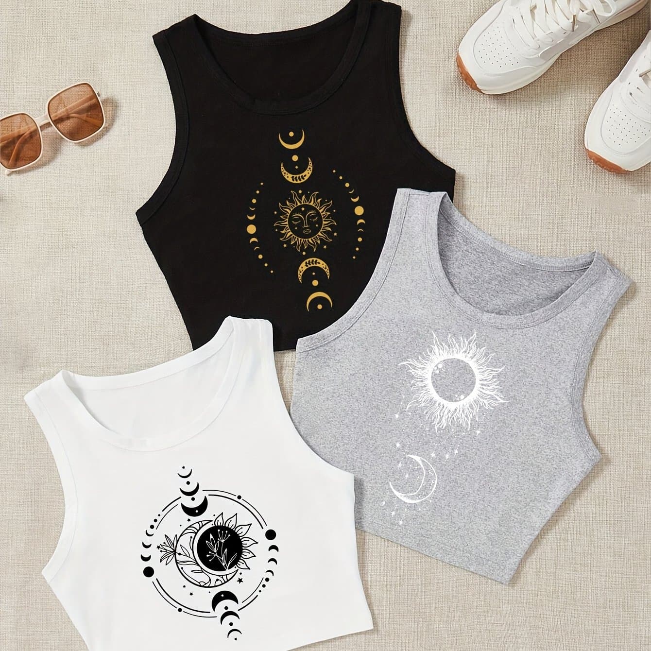 TEMU Fashion 3pcs Set With Star And Print Women's Tank Top