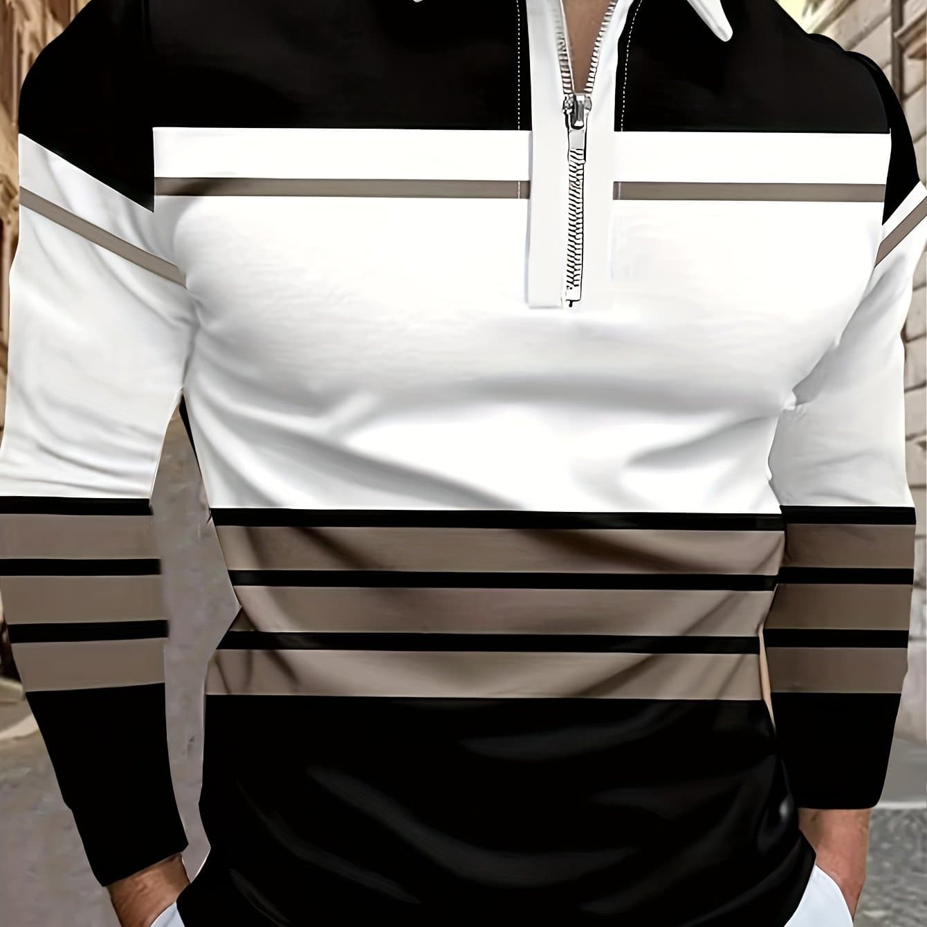 TEMU A Long-sleeved Shirt For Men Featuring A Zip-up Collar, Designed With A Vibrant Striped Geometric Pattern, Perfect For Spring And Autumn Golf