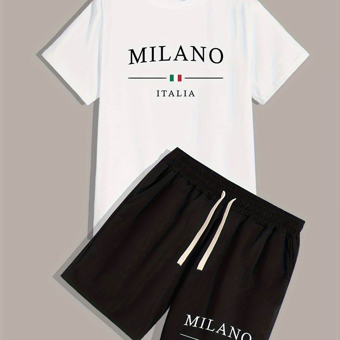 TEMU Italia Letter Print, Men's 2 Pieces Outfits, Crew Neck Short Sleeve T-shirt & Drawstring Ord Set For Summer, Outdoor Sports
