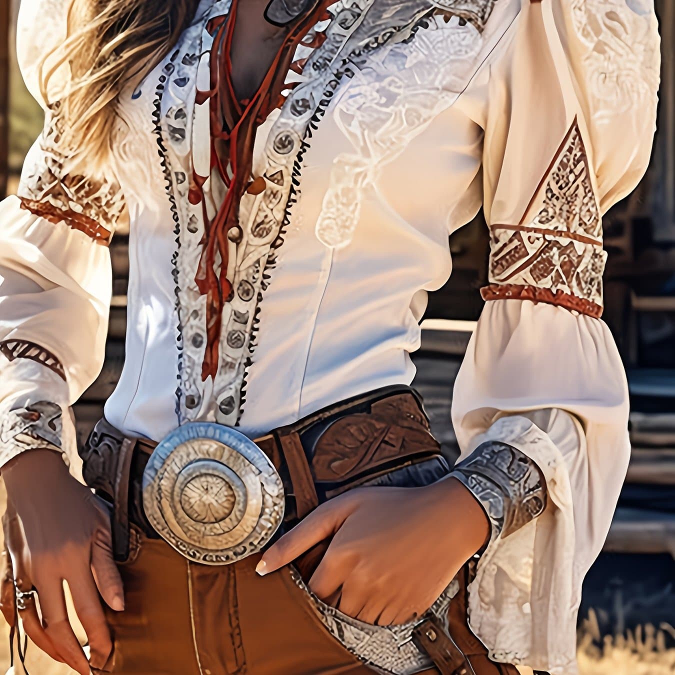 TEMU 's Western Cowgirl Lace-up Bell Sleeve Blouse - Fringe-free Bust Closure, Brown/beige/ Contrast, Western Shirt For Rodeo, Casual & Themed Events (machine Washable)