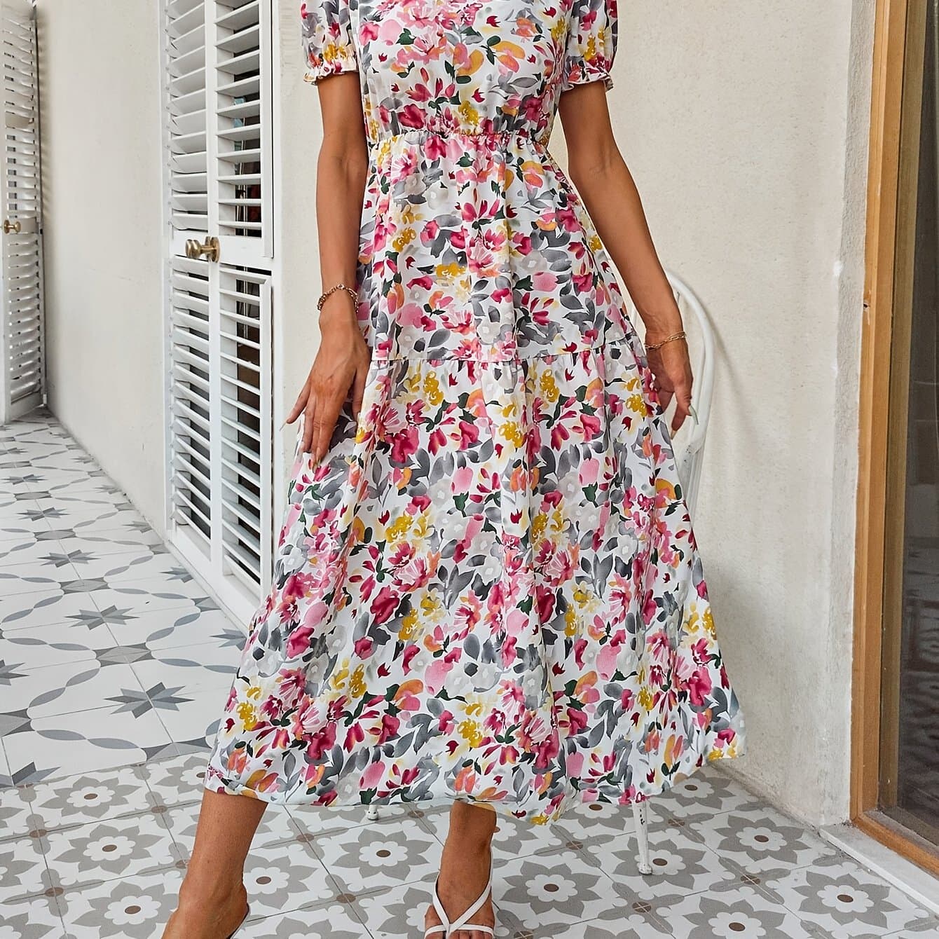 TEMU Floral Print Dress With Puff Sleeves And Hem