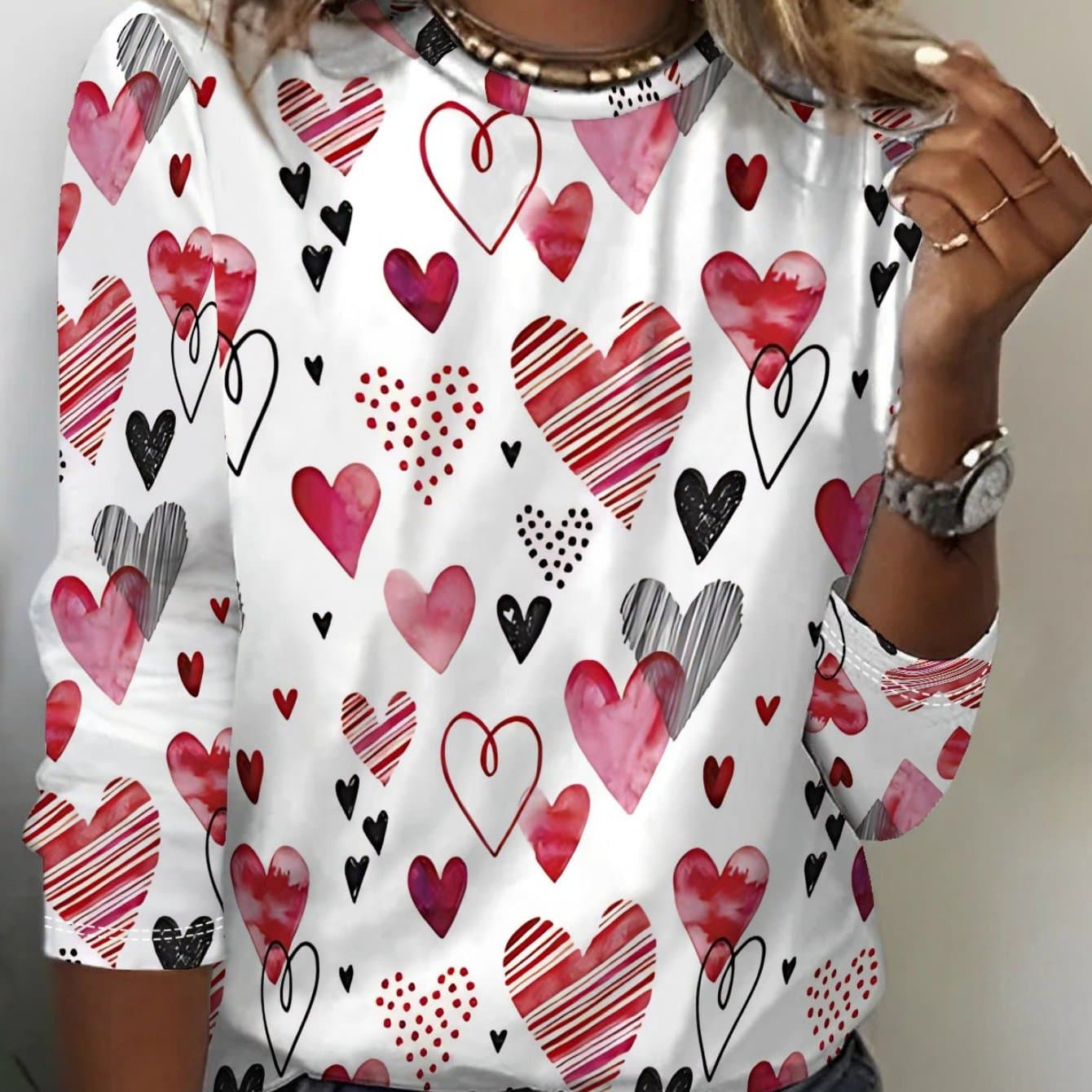 TEMU Stylish 3d Heart Pattern Printed Women's T-shirt - Comfortable And Breathable Crew Neck With Long Sleeves - Ideal For Casual Outfits And Autumn