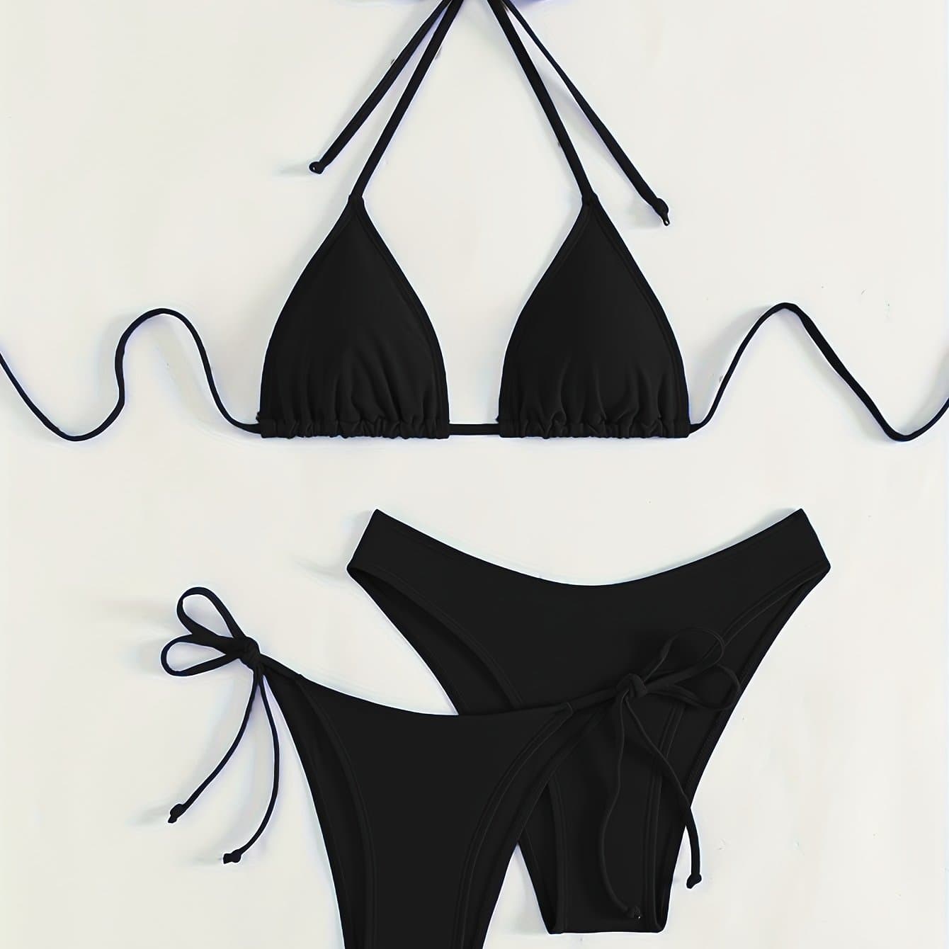 TEMU Summer Women's Halter Solid Black Temperament 3pcs Set