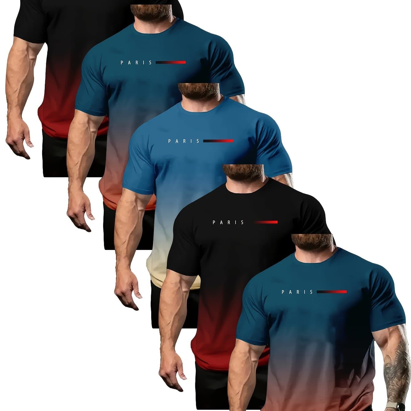TEMU Set Of 5 Vibrant Gradient Short-sleeve Crew Neck T-shirts For Men - Perfect For Summer Casual With Letter Prints - An Ideal Gift Idea