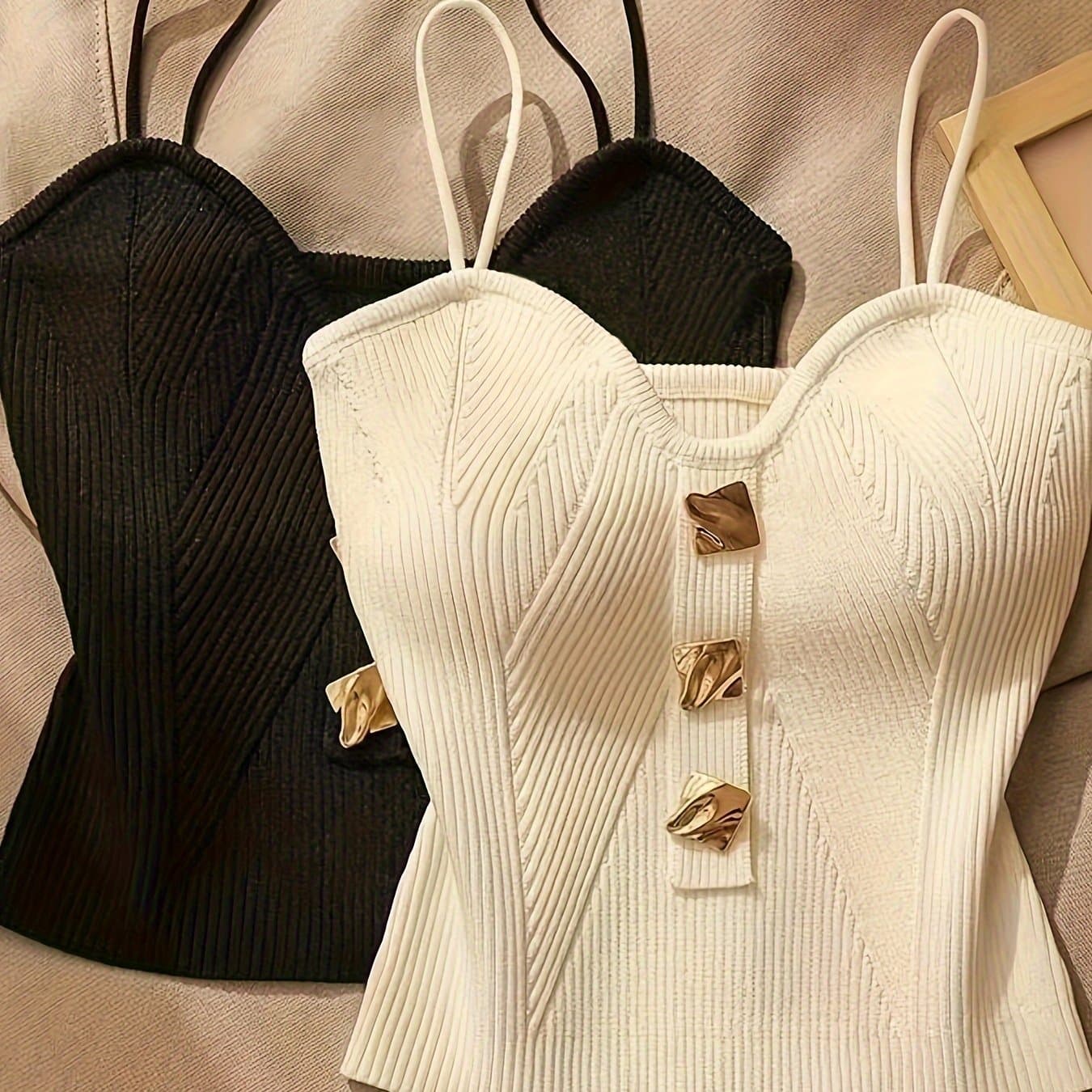TEMU 2pcs Chic V-neck Knit Tank Tops For Women, Solid Color Sleeveless Camisole With Button Detail, Polyester Slingback Tops