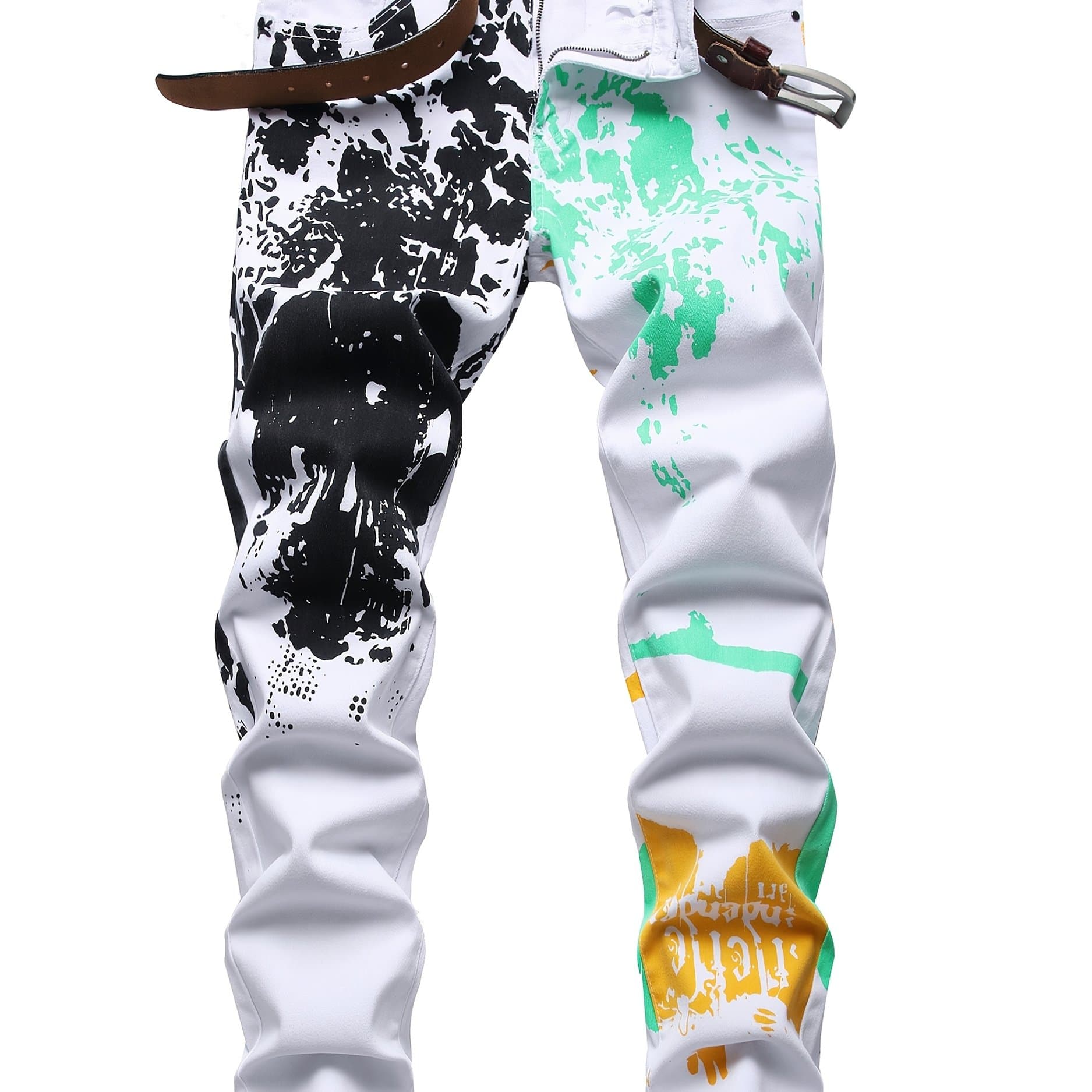 TEMU Casual White Denim Trousers For Men With Full-; Slim-fit Stretch Pants For Men With Designs