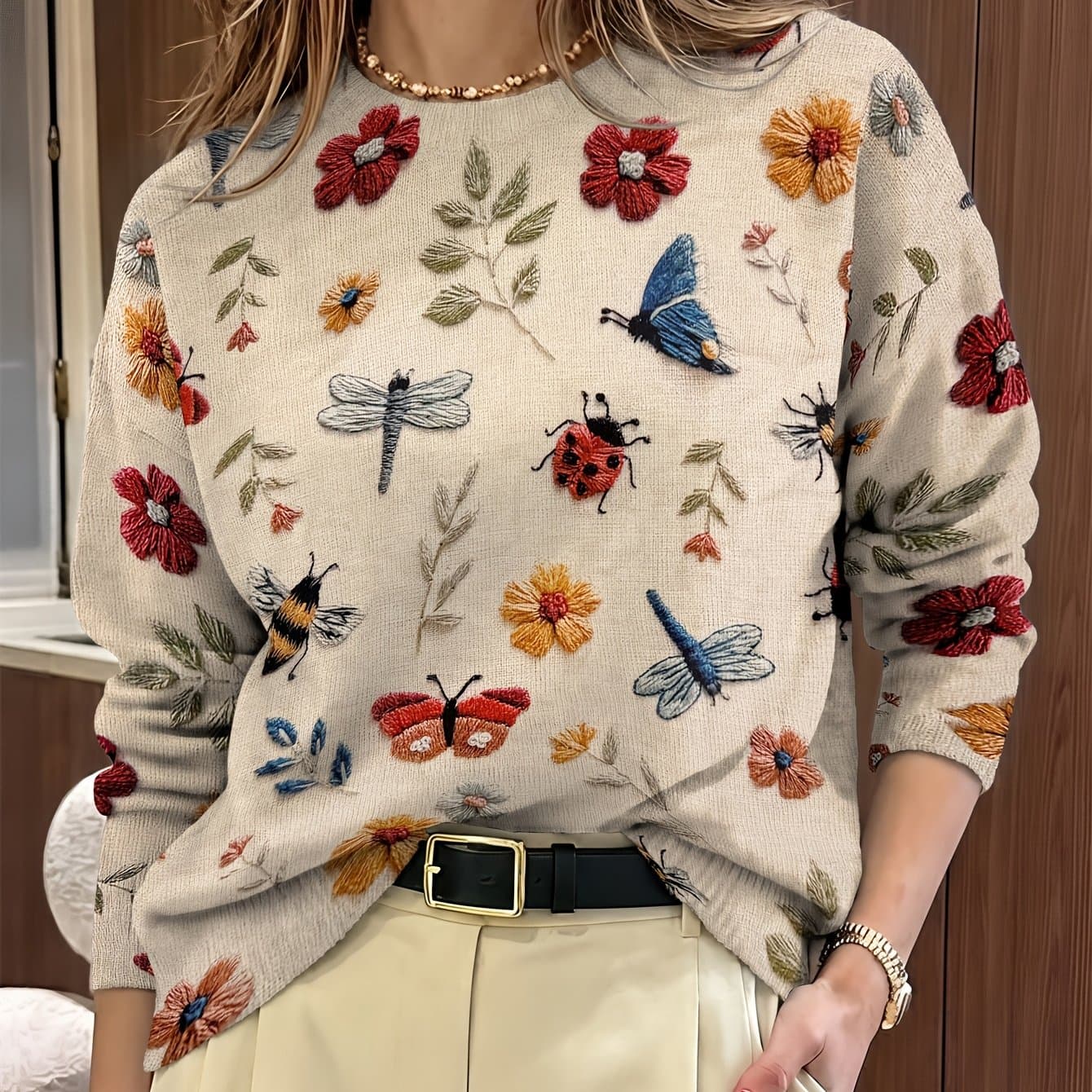 TEMU All- Sweater Featuring Insects And Flowers Design, Casual Long Sleeve Crew Neck Sweater For Autumn And Winter, Women's Apparel