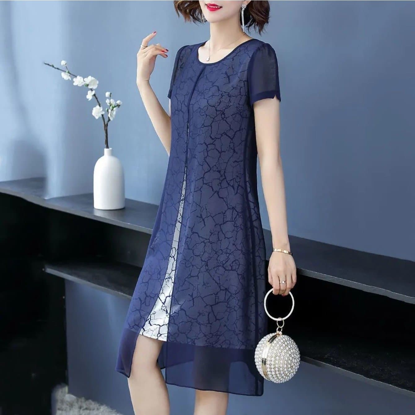 TEMU Summer Short-sleeved Dress Women's 2025 New Wide Too Mother Dress Spring And Autumn Temperament Fake Two-piece Set