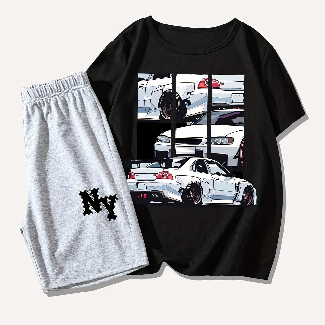 TEMU 2pcs Tween Boy Casual Simple Car Printed Pattern Round Neck Short Sleeve T-shirt And Letter Print Shorts Set Suit For Summer