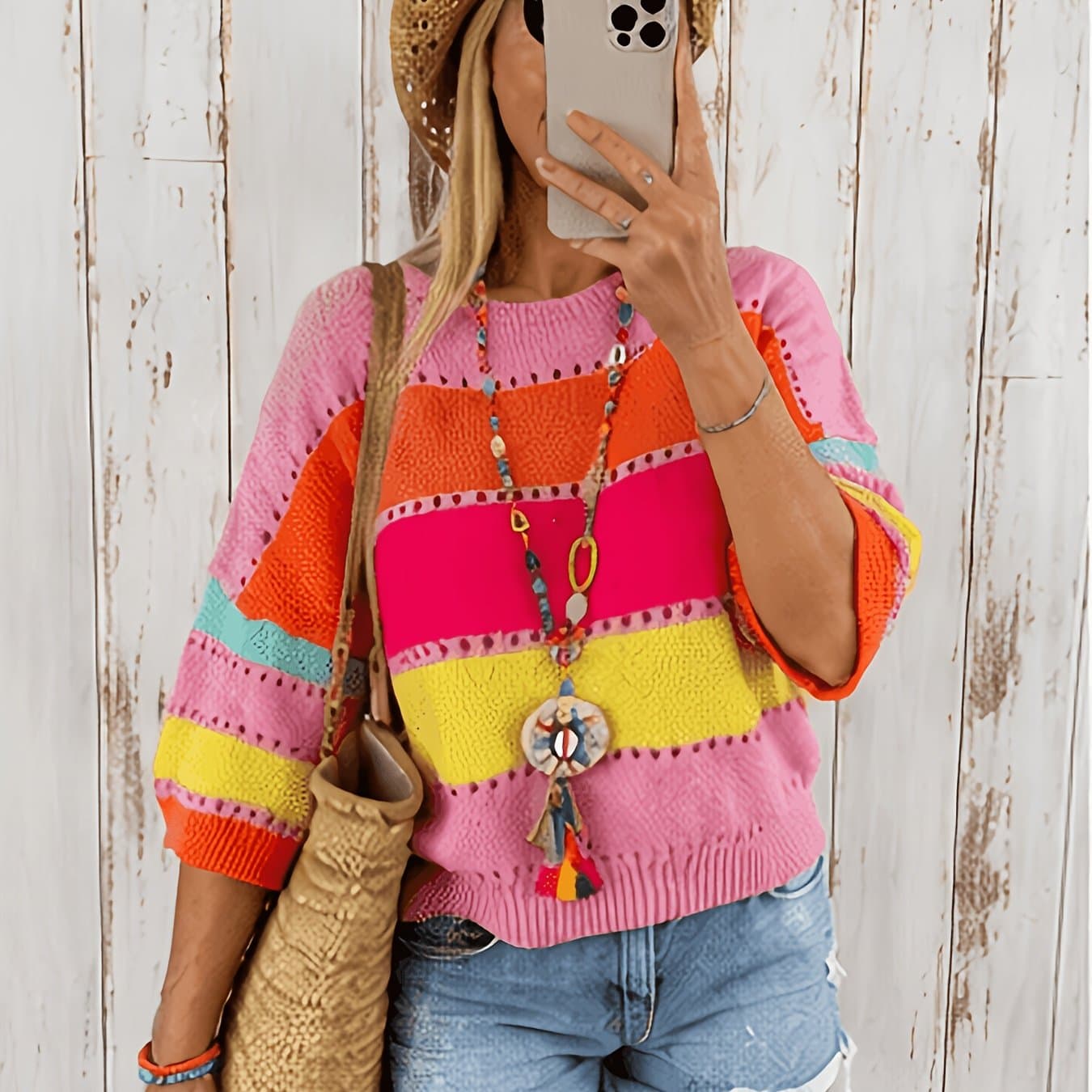 TEMU Women's Casual Striped Sweater, Loose Contrast 3/4 Sleeve Pullover, Suitable For Autumn And Spring, Daily Commute, , Mother's Day Gift [asd1