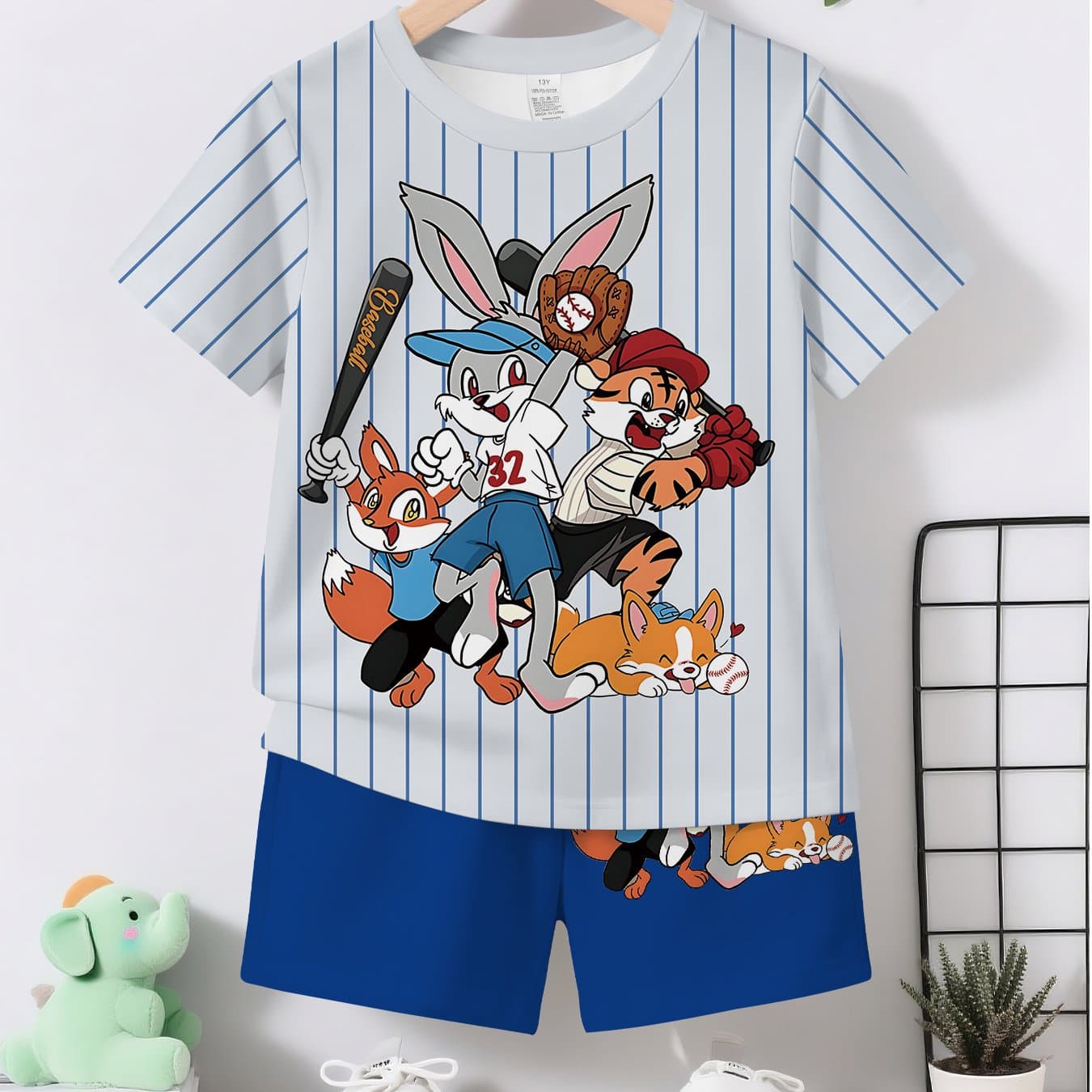 TEMU A Trendy And Comfy Outfit For Baby Boys Featuring A 2pcs Summer Set With A Round Neck T-shirt And Shorts With Cute Animal Prints, For Outdoor