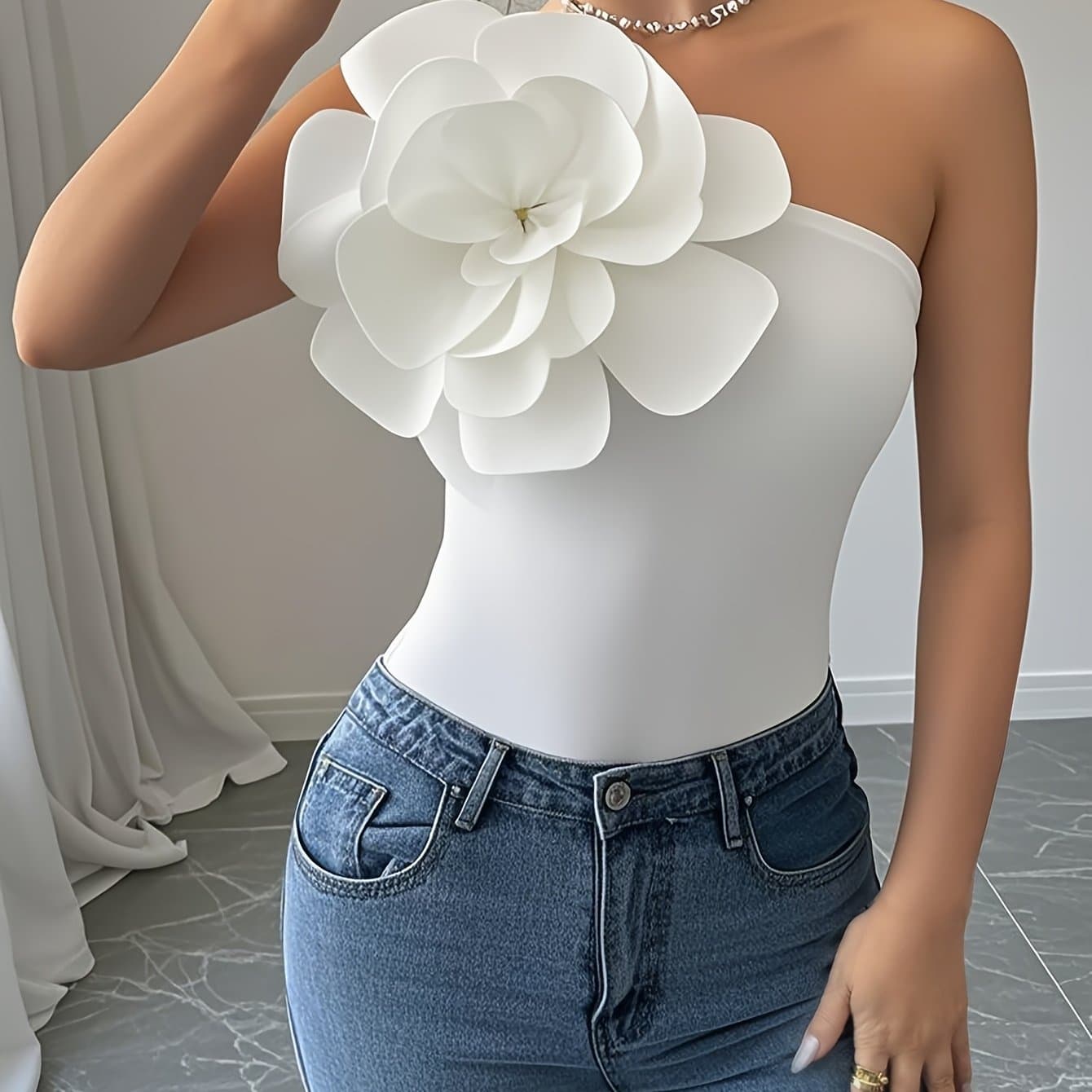 TEMU Floral Asymmetrical Neck Slim Sleeveless Casual Top