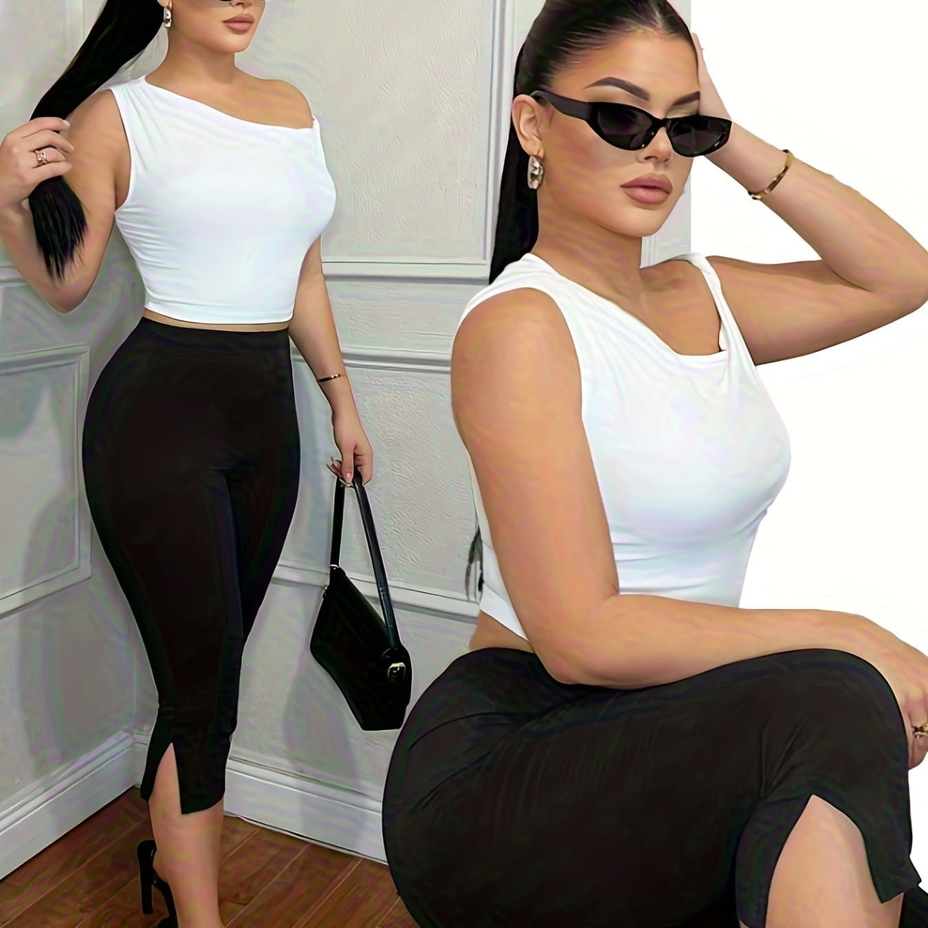 TEMU Zd1102137+ Women' Color Stretch Waist Casual Slit Capri Pants Leggings
