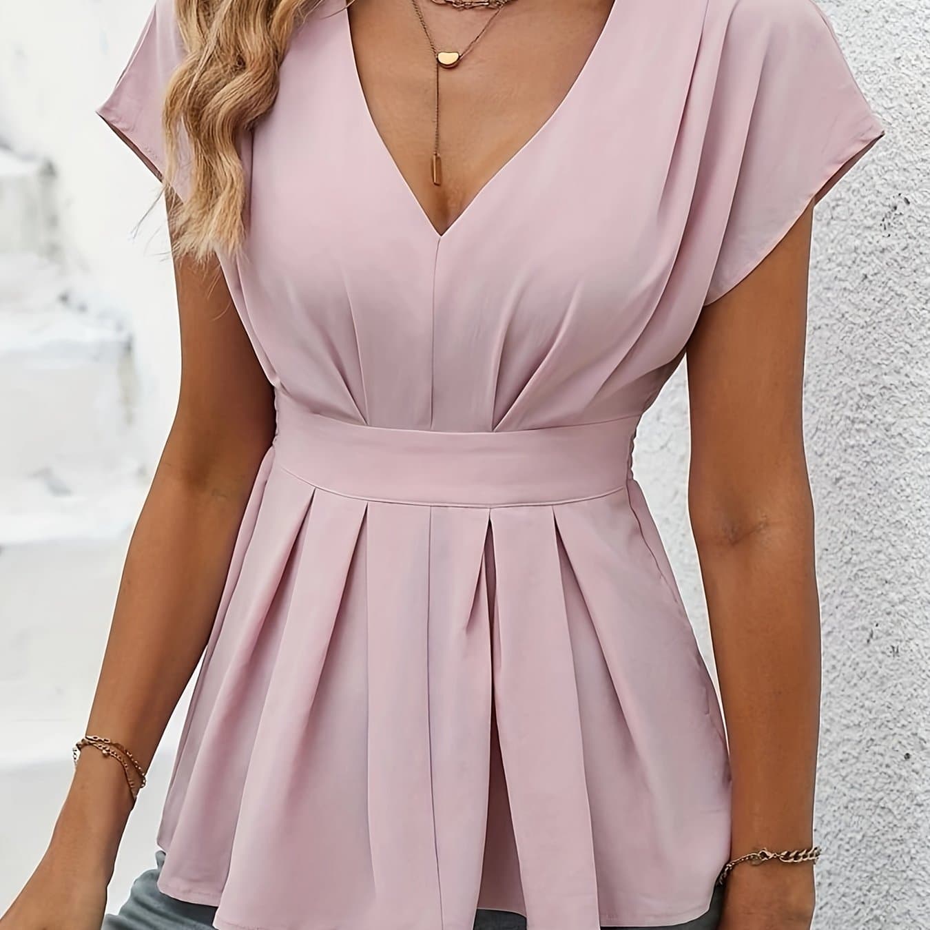 TEMU Easy And High-end Spring/summer -neck Short-sleeved Waist-cinching Top