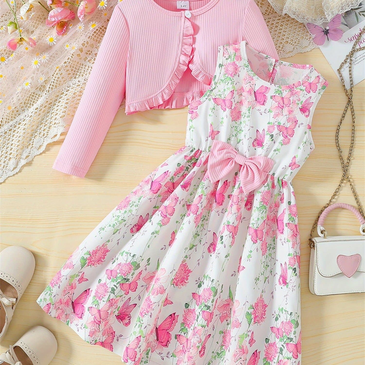 TEMU Kid Girl Dress Set Floral Print Sleeveless Round Neck A Line Dress With Long Sleeve Cardigan, Outdoor