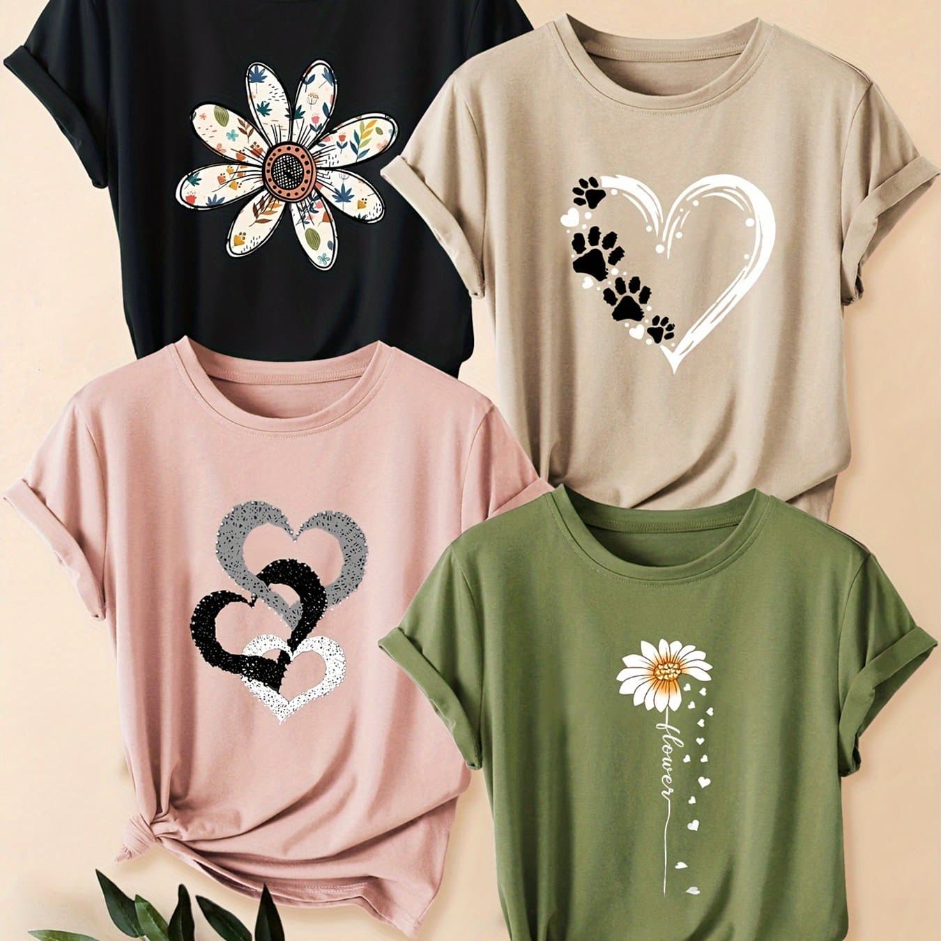 TEMU The 0% Pure Cotton Women's Retro Floral And Heart-shaped - Casual Round-neck Short-sleeved Elastic Fabric, Suitable For Summer Vacations And Daily Wear. Multiple Colors From For Women's