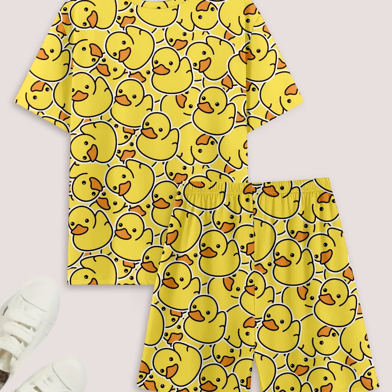 TEMU Duck Print Crew Neck Short Sleeve And Shorts Pajama Set