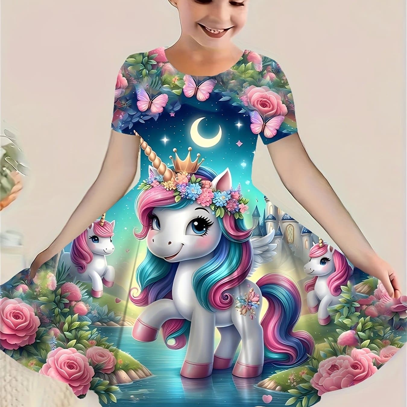 TEMU New 3d Unicorn Pattern Short-sleeve Dress Princess Dress Spring And Summer Girls' Casual Cartoon Print Top Set