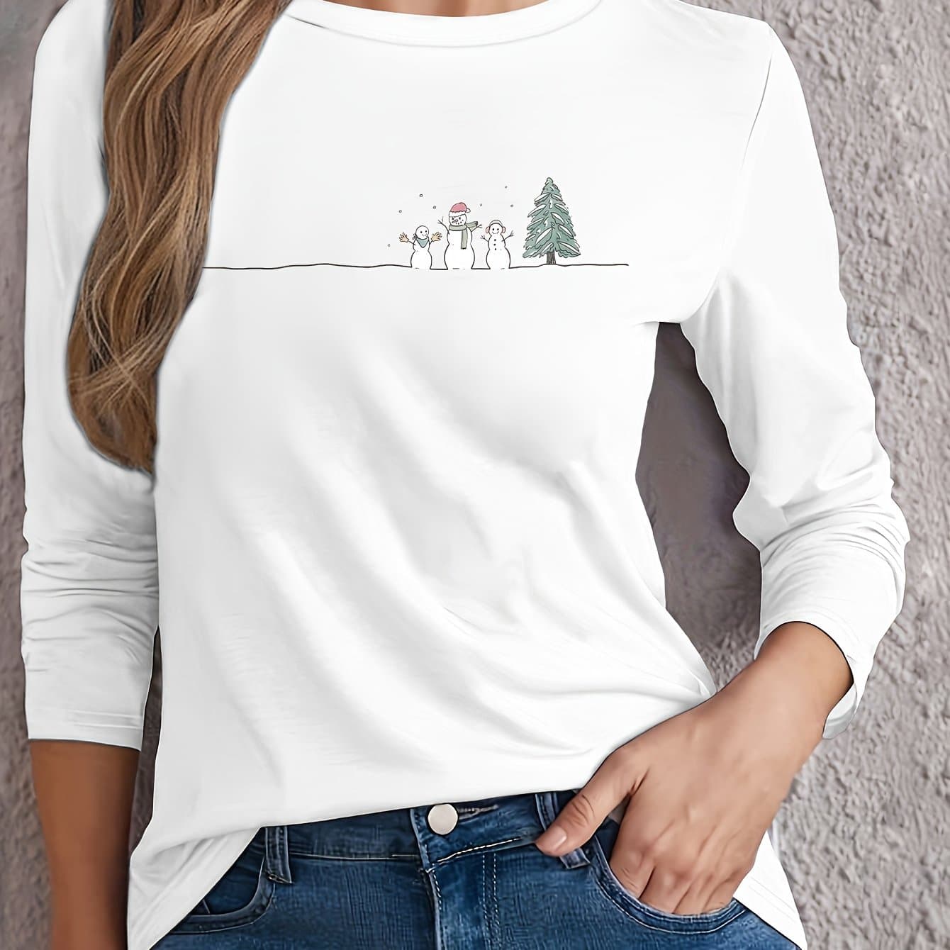 TEMU Round-neck Long-sleeve T-shirt Featuring Christmas-themed Prints.