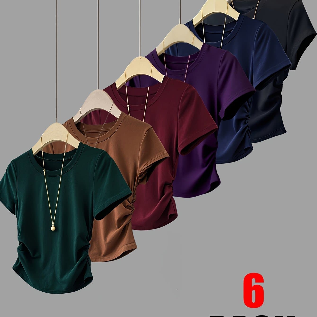 TEMU 6pcs Women' Color Crew Neck Crop Tops - Ruched Slim-fit Short Sleeve Basic Tees