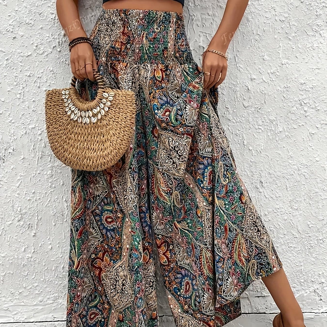 TEMU Spring/summer/autumn Women's Fashion Casual Pants, Elegant Bohemian Style Elastic Waist High-waist Wide-leg Pants