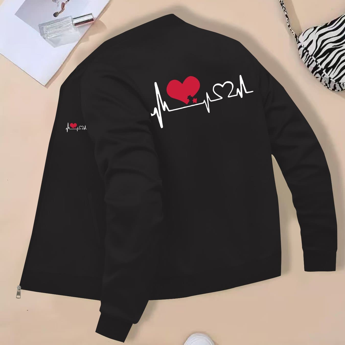 TEMU Women's Trendy Ecg Print Jacket, Casual Stand Collar Versatile Top Jacket With Designer Zipper