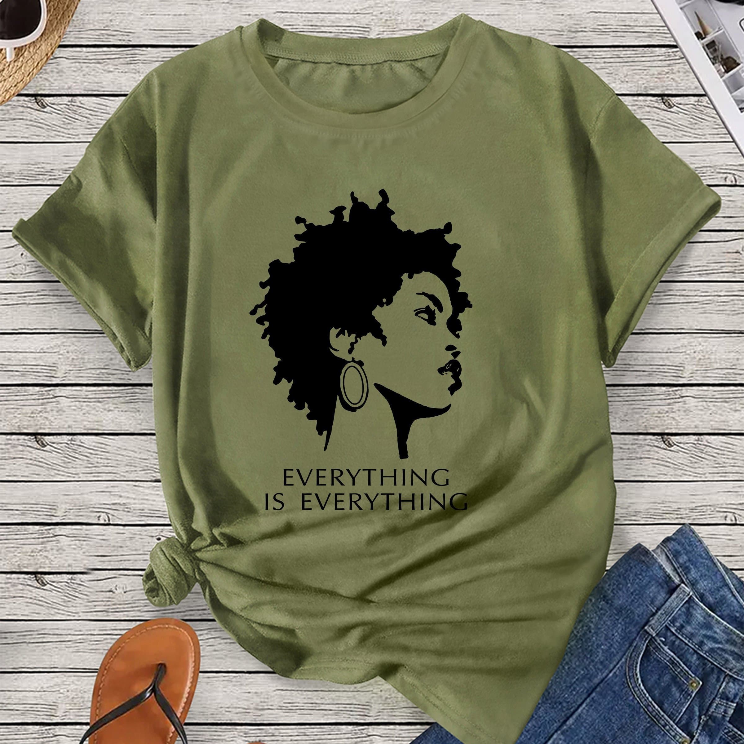 TEMU Women's Short Sleeve T-shirt, Portrait & Letter Print, Casual Round Neck Top, Vintage Artistic Fashion Style,