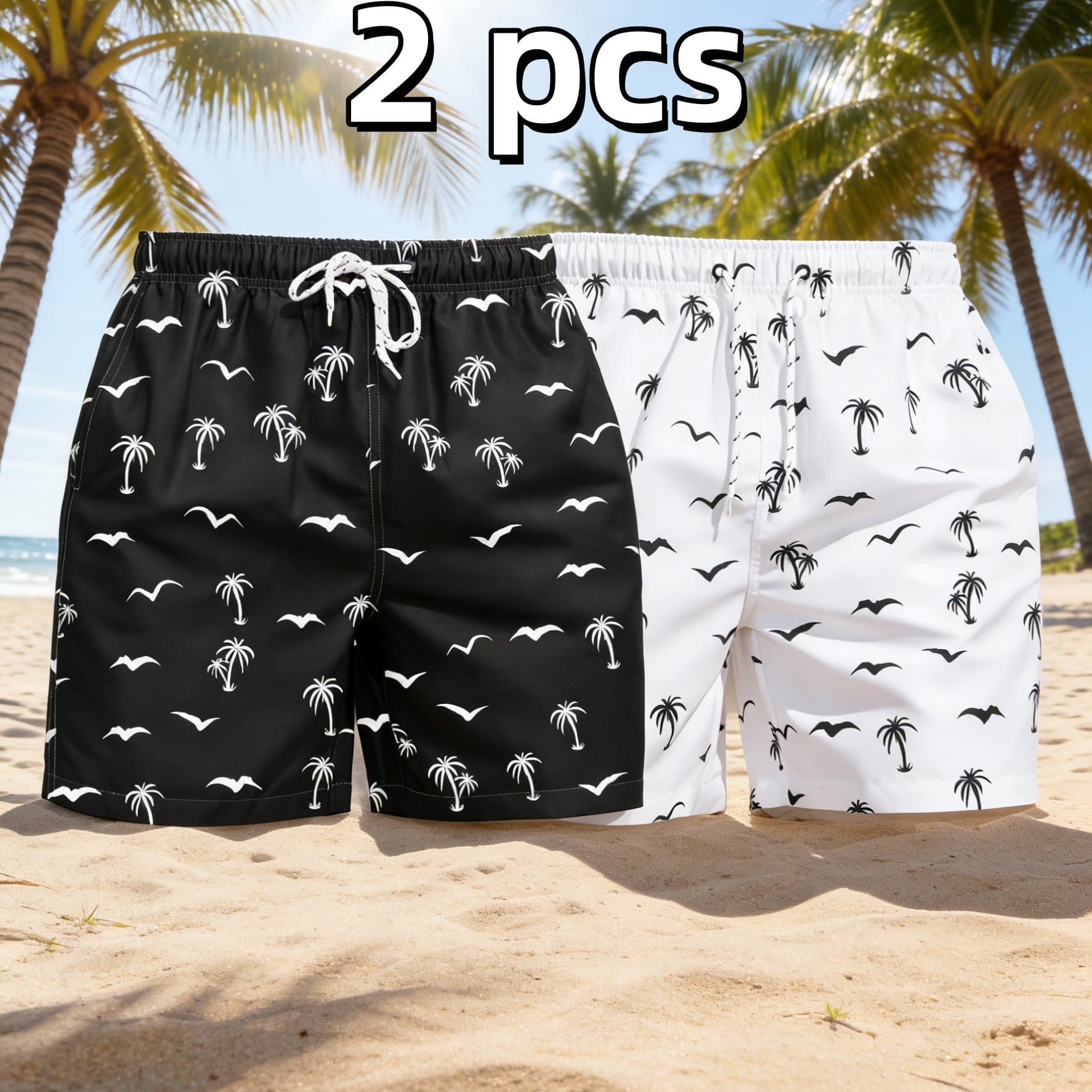 TEMU Of Men's Minimalist Palm Tree Seagull Silhouette Print Beach Pants, Loose-fit Quick-dry Tie-dyed Swim Shorts With Pockets For Beach Vacations And Surfing